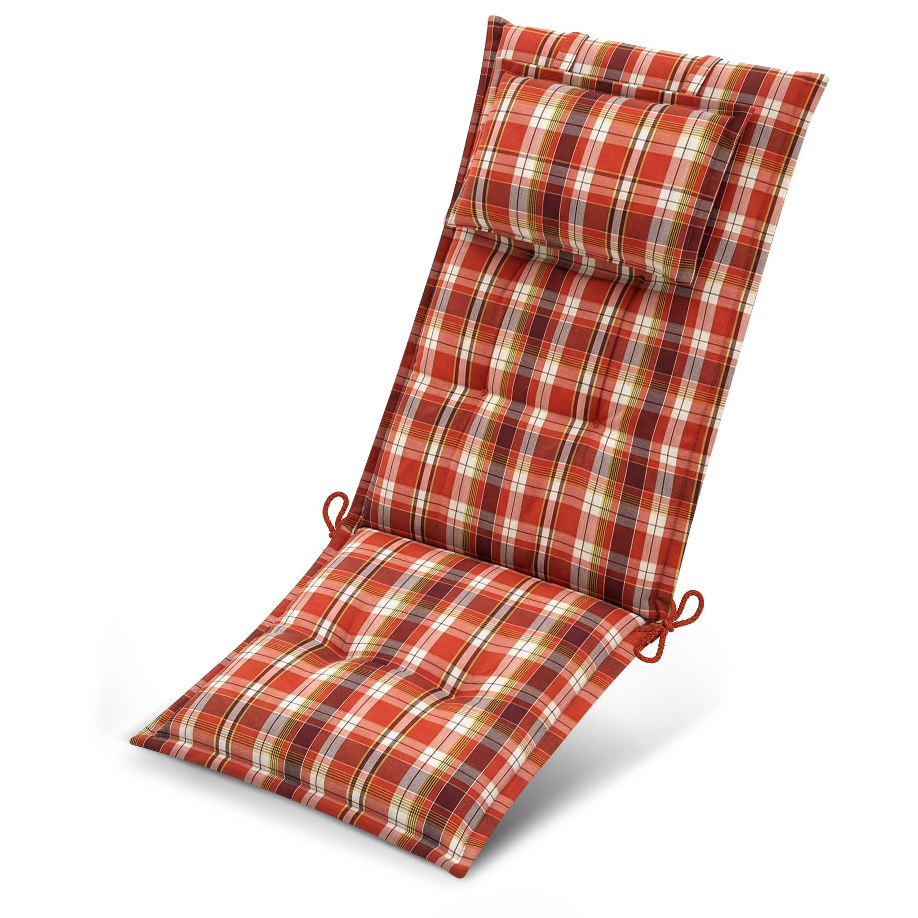 Beautissu Hochlehnerauflage Premium Hochlehnerauflage 120x50x7cm, Orange-Rot-Grün-Kariert, Gartenstuhlauflage Hochlehner - Robuster Stoff & UV-Lichtechtheit
