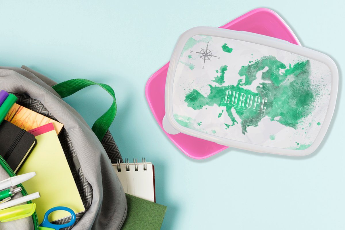 rosa Mädchen, Lunchbox Erwachsene, Kunststoff - - Weltkarte MuchoWow Snackbox, Brotbox Kunststoff, für Kinder, Farbe, Europa (2-tlg), Brotdose