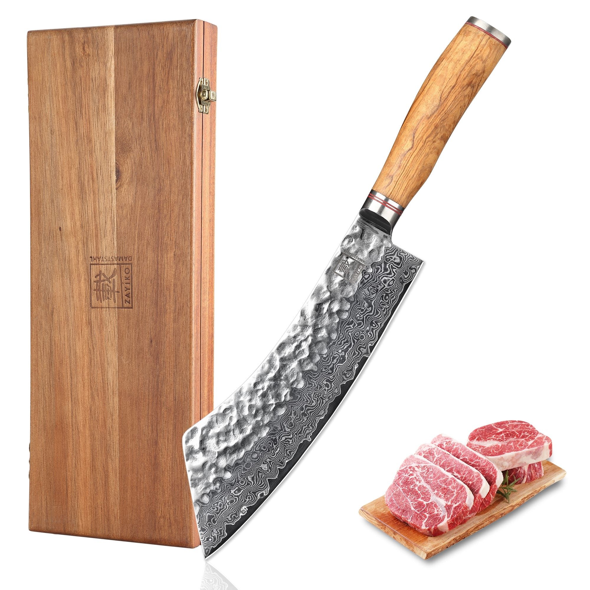 ZAYIKO Fleischmesser Minami Damast Hakata Bocho Küchenmesser 22,5cm Klinge Olivenholzgriff, Damaststahl, VG10-Kern, Hammerschlag