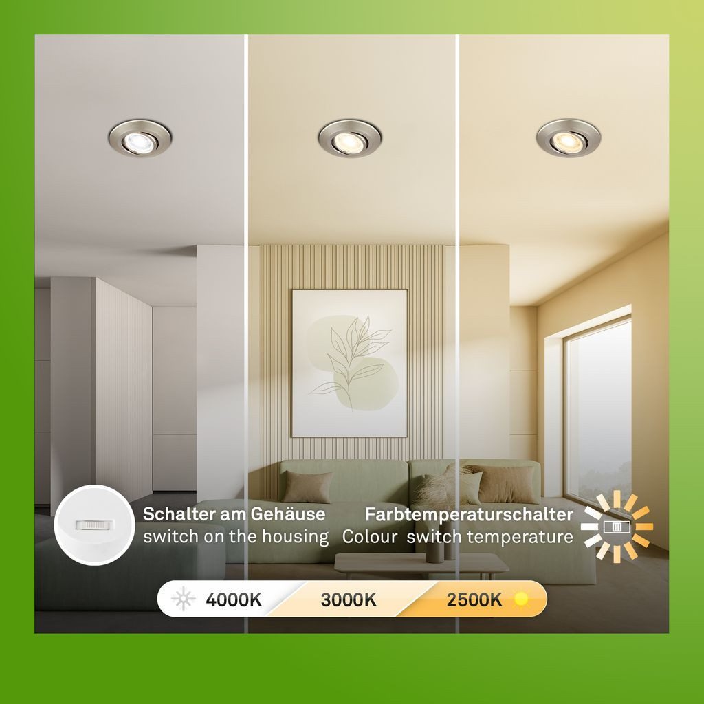 Briloner Leuchten LED Einbaustrahler 7587032, Dimmfunktion, LED fest integriert, 2700K - Extra-Warmweiß, LED Einbauleuchten 90x24mm Nickel-Matt je 4,9W Decke Wohnzimmer Küche