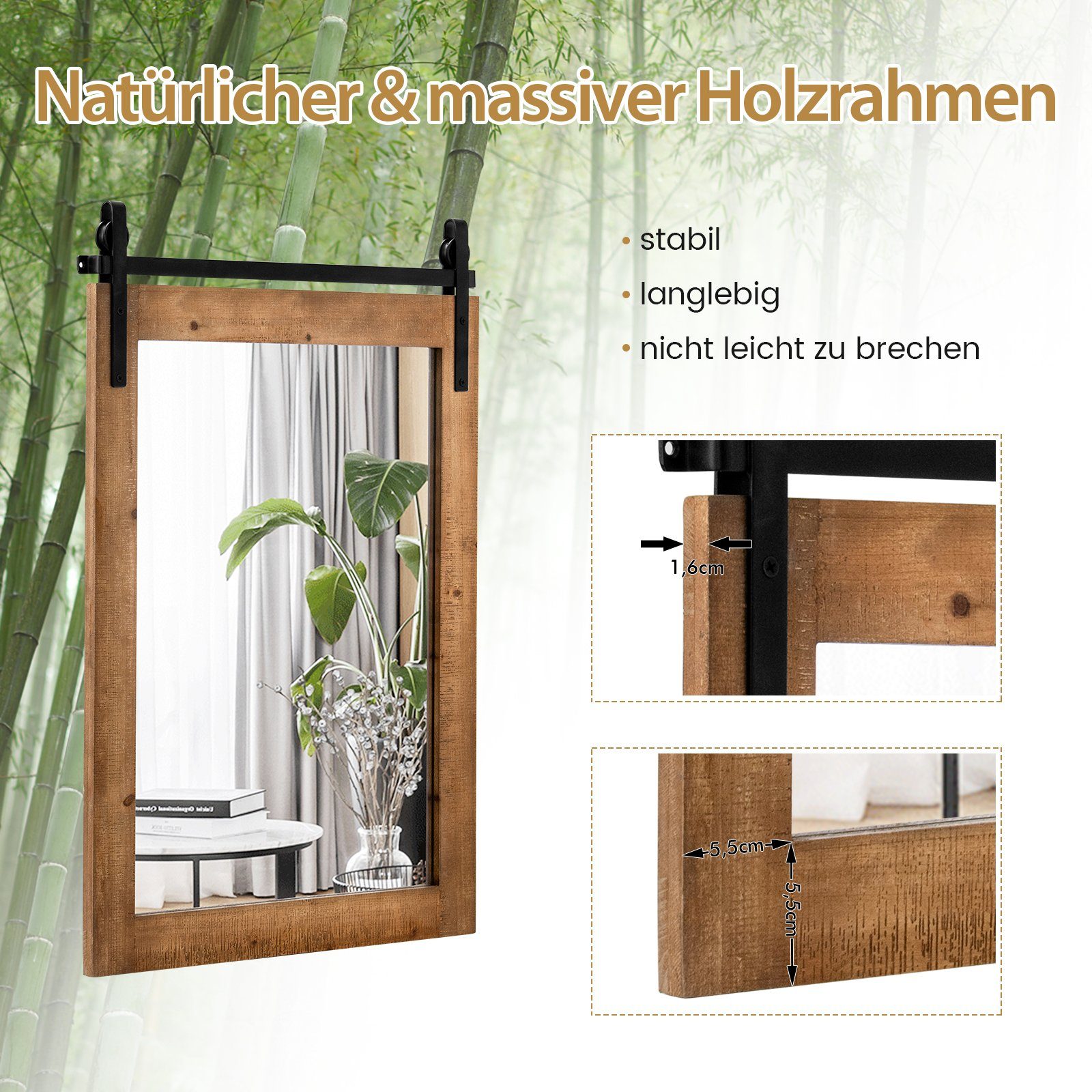 COSTWAY Dekospiegel, mit Holzrahmen und Metallhalterung, 76,5x56cm