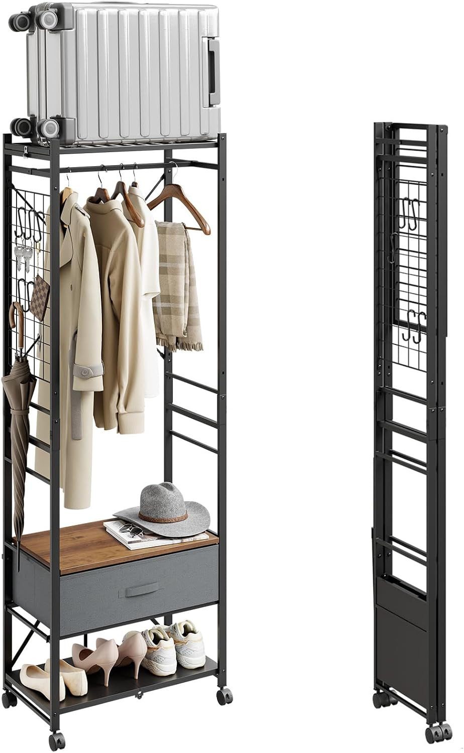 SoBuy Kleiderständer KLS23, Garderobenständer mit Rollen und Schublade, Aufbewahrungsturm, (1er Set), Stabil bis 45 kg, höhenverstellbare Stange, Gitternetz für Accessoires