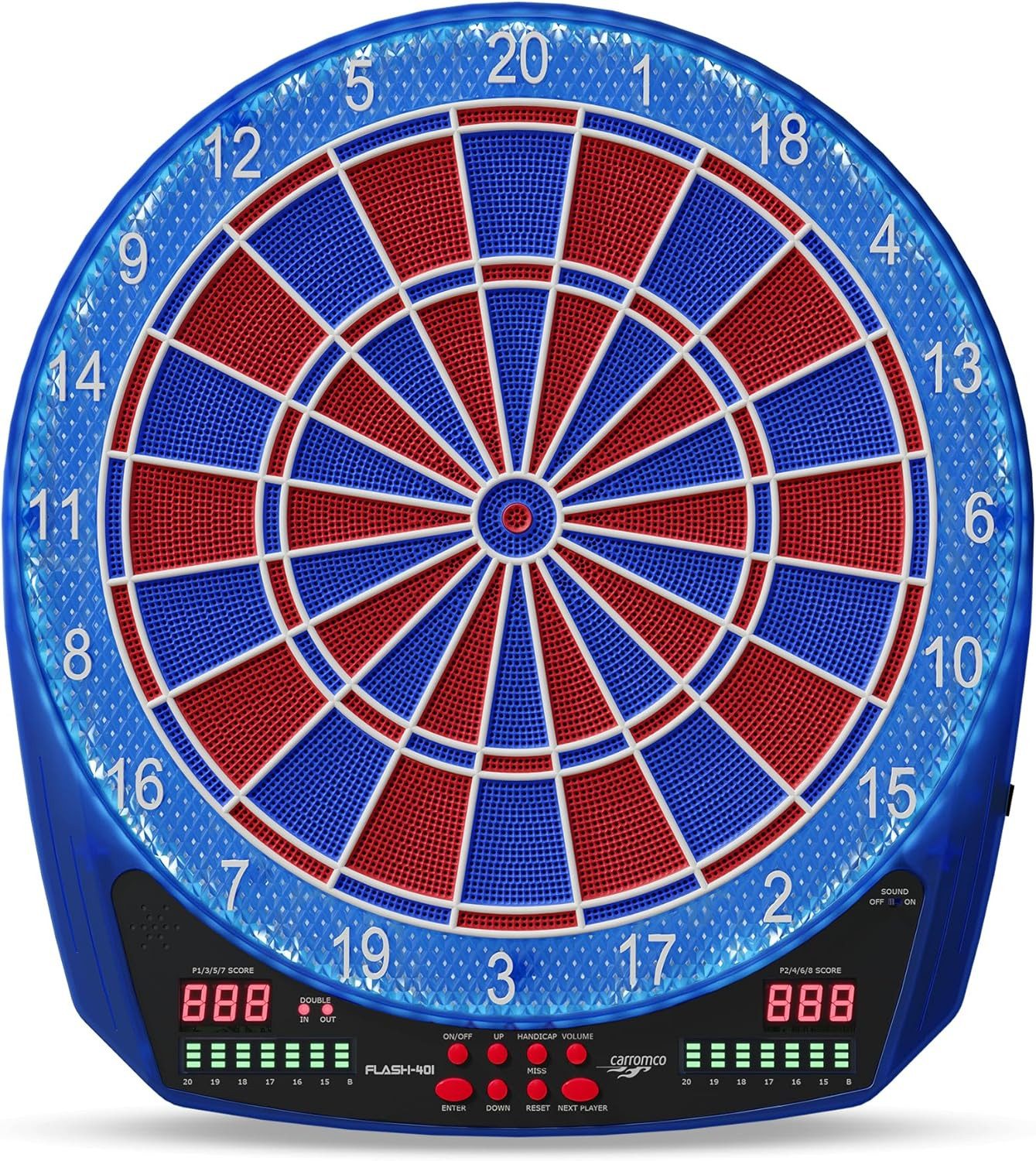 Carromco Zielscheibe elektronische Dartscheibe FLASH-401 – Profi E-Dartboard, mit 2-Loch Abstand & LED Beleuchtung, 35 Spiele, 584 Varianten