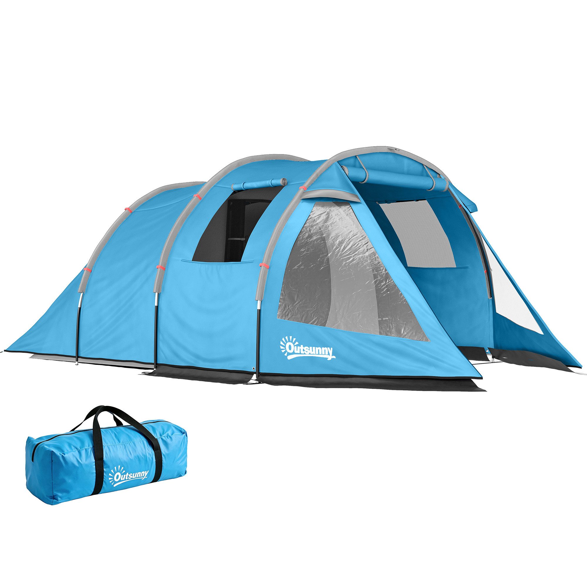 Outsunny Kuppelzelt Tunnelzelt für 4 Personen, Campingzelt mit Zwei Räumen, Personen: 4 (Festivalzelt, 1 tlg., Familienzelt), 2000 mm Wassersäule, für Trekking, Blau