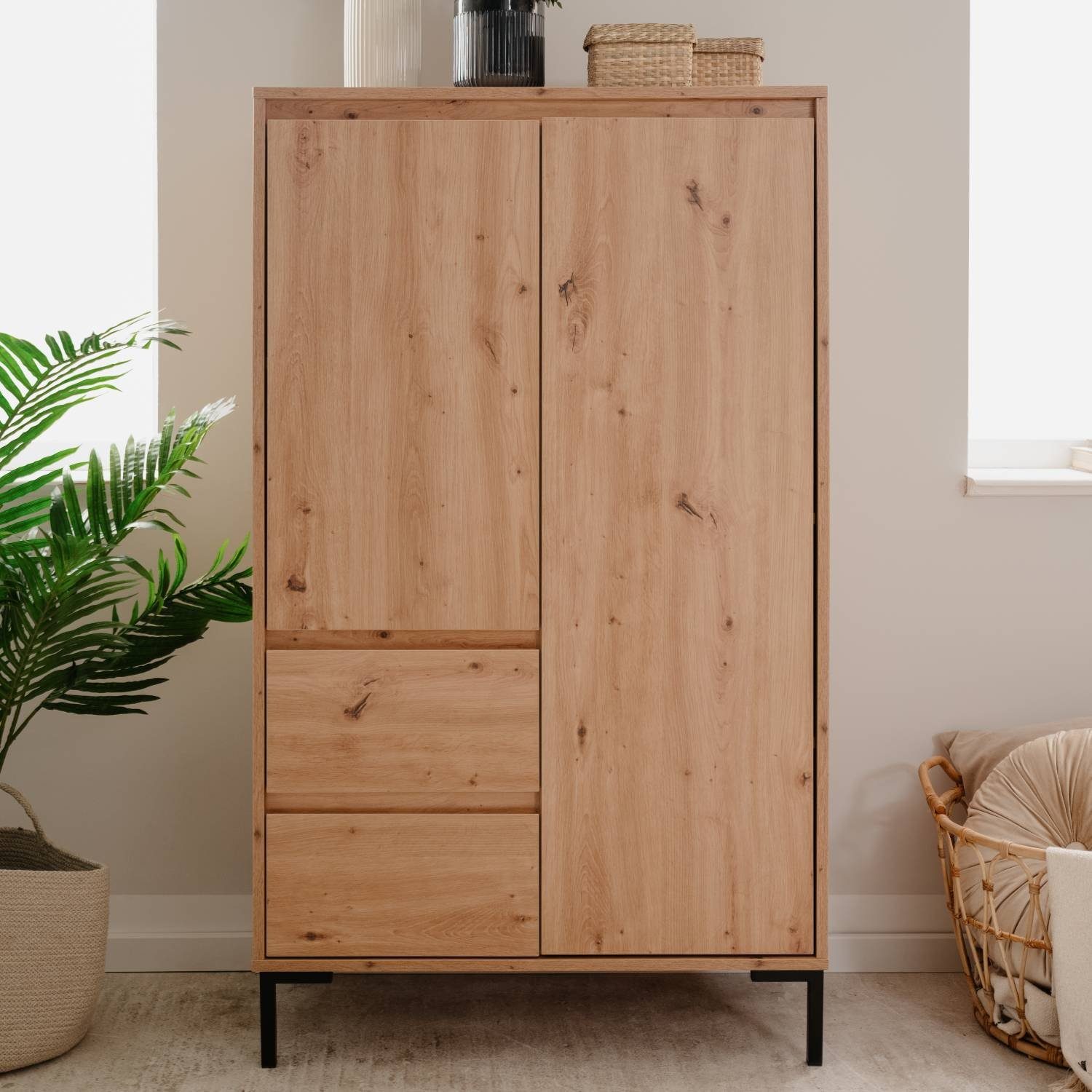Homestyle4u Kommode Highboard Wohnzimmerschrank Kommode Holz Eiche Industrial Schwarz