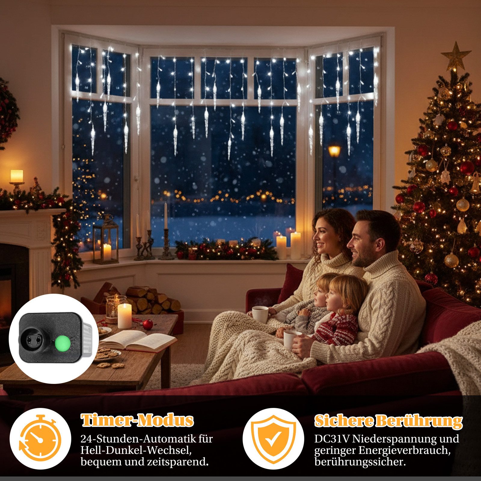 Rosnek LED-Lichtervorhang Eiszapfen-Anhänger, 8 Modi, Timer, für Traufe Weihnachtsdeko, Memory-Funktion, anschließbar, Niedrige Spannung, 96 LEDs, 3.5M – Bild 4 von 5