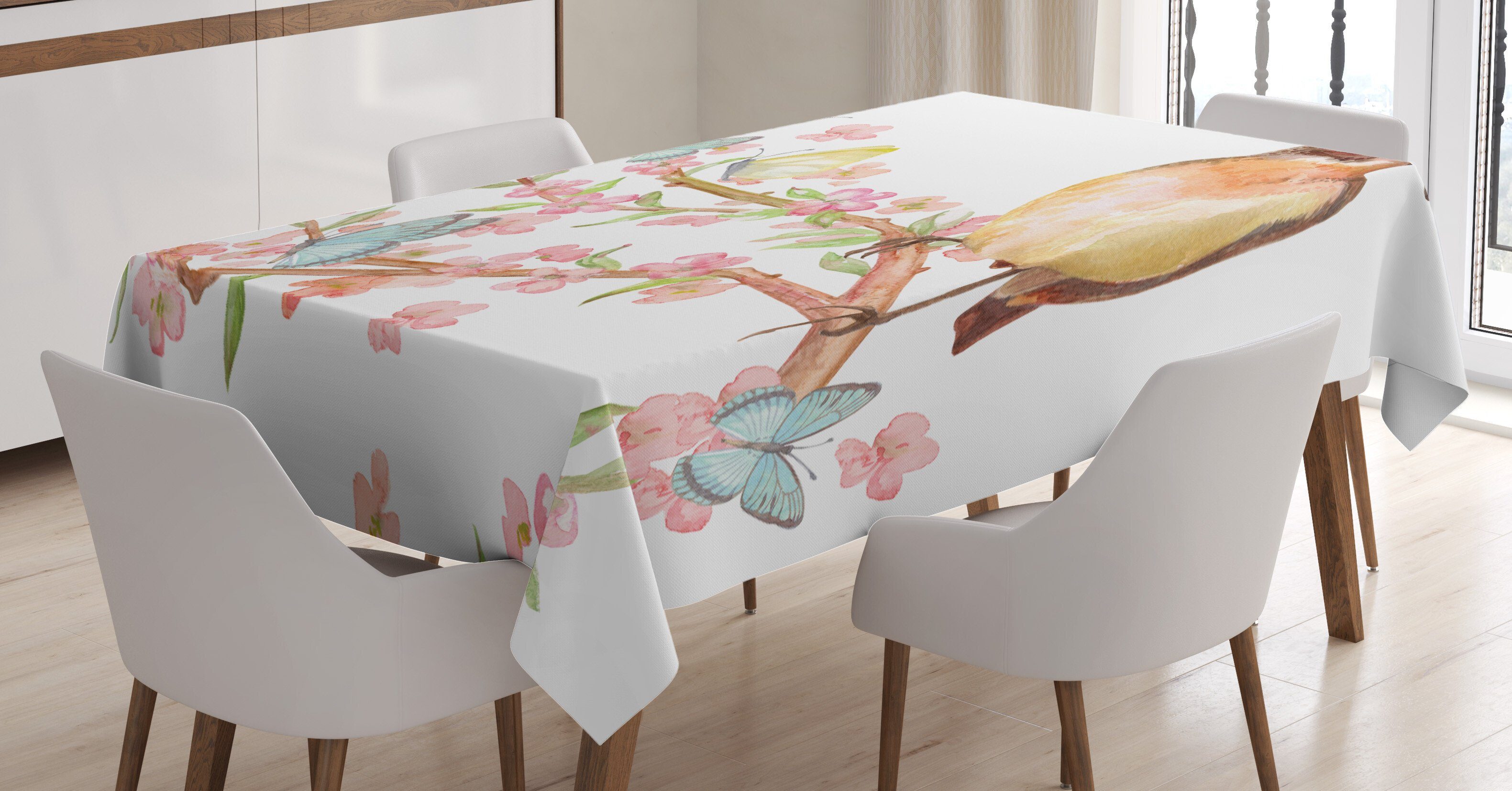 Abakuhaus Tischdecke Waschbar Frühling blühenden Klare Außen Farben, Baum einem den Bereich auf geeignet Farbfest Vogel Für