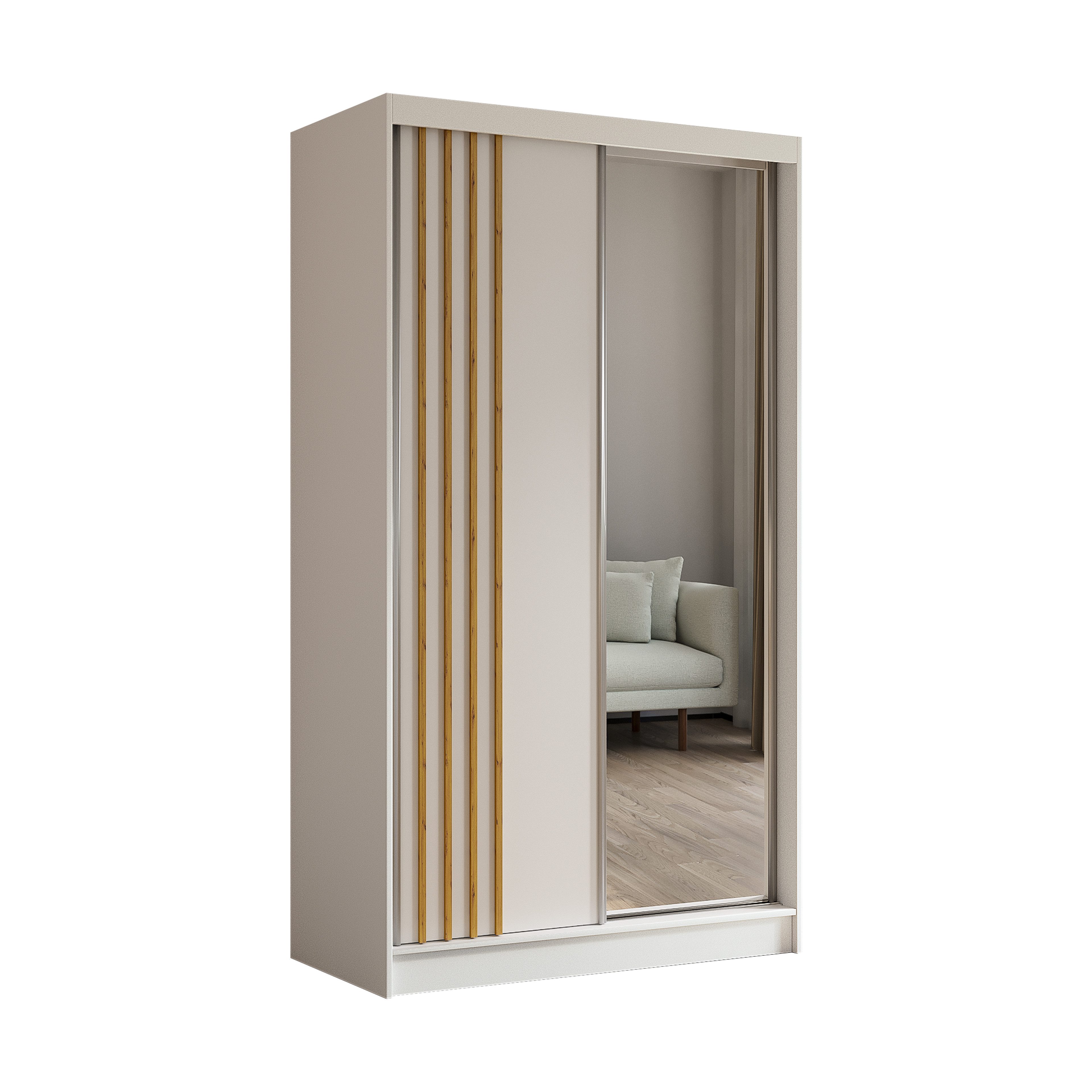Masseno Schwebetürenschrank NELVIA 120 cm Kleiderschrank mit Spiegel 2 Türen Weiß