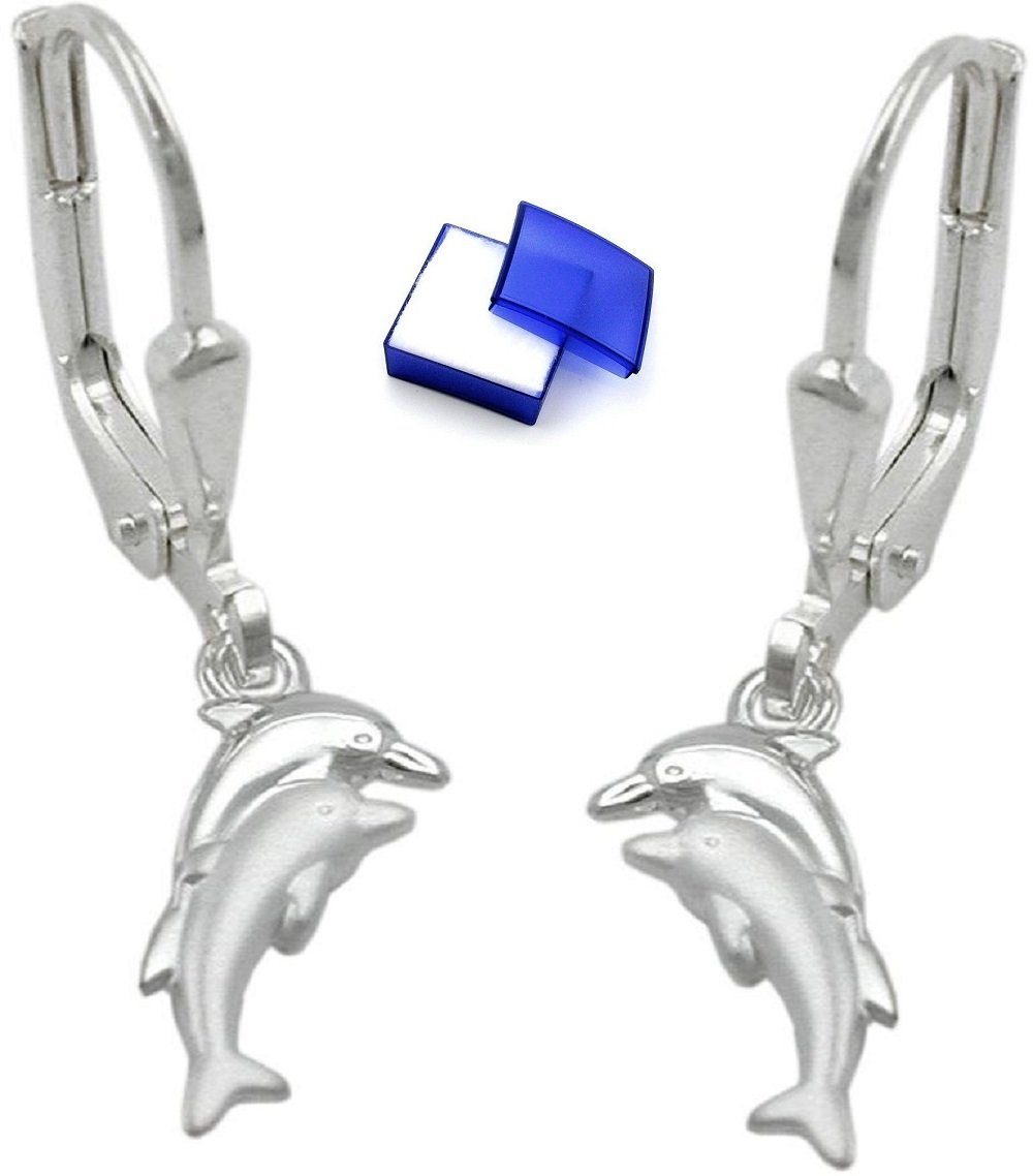 unbespielt Paar Ohrhänger Ohrringe Delfinpaar matt glänzend 925 Silber 25 x 11 mm Schmuckbox, Silberschmuck für Kinder | Ohrhänger