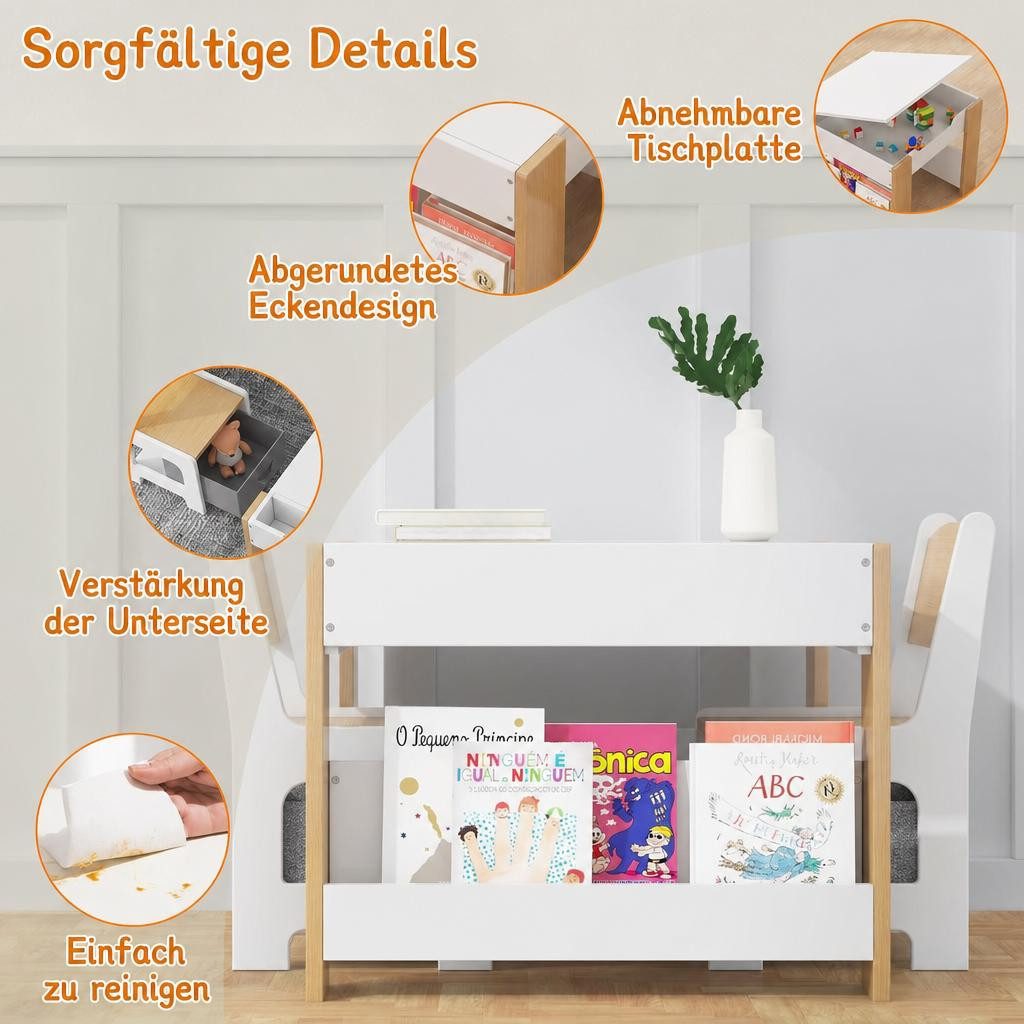 GarveeMore Kindersitzgruppe mit 2 Stühlen und Aufbewahrungsschublade,Abnehmbare Tischplatte, 3-tlg Kindertisch,für Kleinkinder Zum Zeichnen,Lesen,Kunsthandwerk