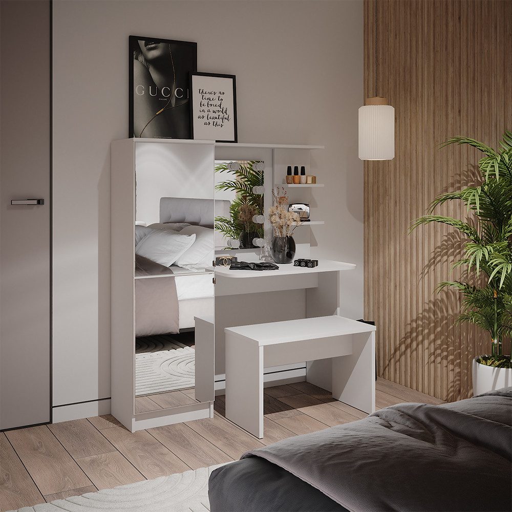 Vicco Schminktisch Jasmin, Weiß, 123 cm mit LED-Beleuchtung und Bank günstig online kaufen