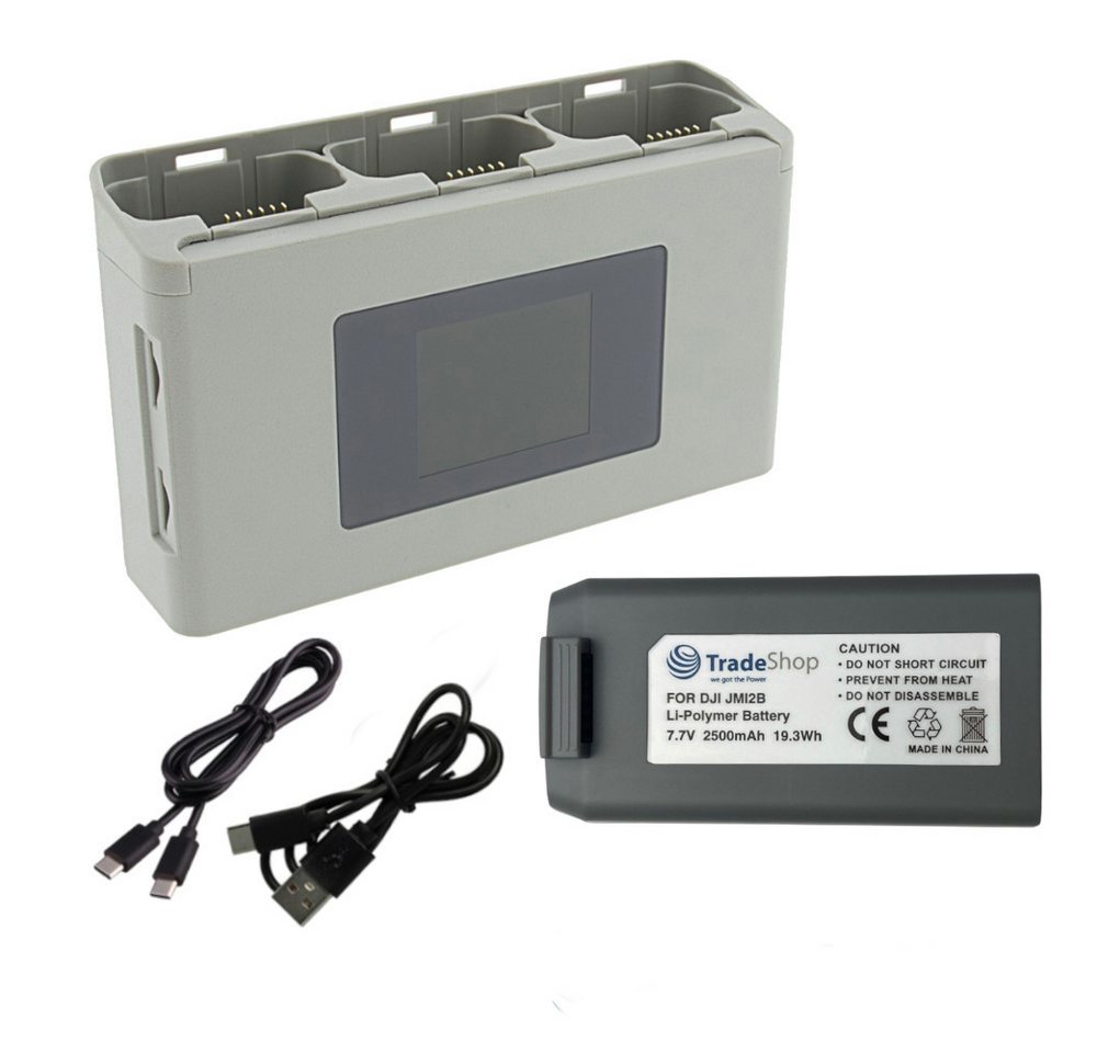 Trade-Shop 2in1 Set: Akku + 3-fach Ladegerät passend für DJI Mini 4K Zubehör Drohne (mit Powerbank und SD-Speicherkartenaufbewahrung / Anschluss über USB-C)