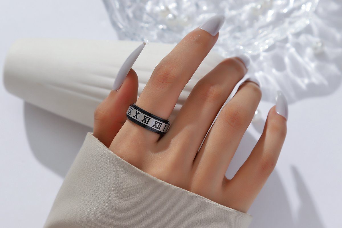 Eyecatcher Fingerring Anti Stress Ring römische Zahlen Schwarz Grau Anxiety günstig online kaufen