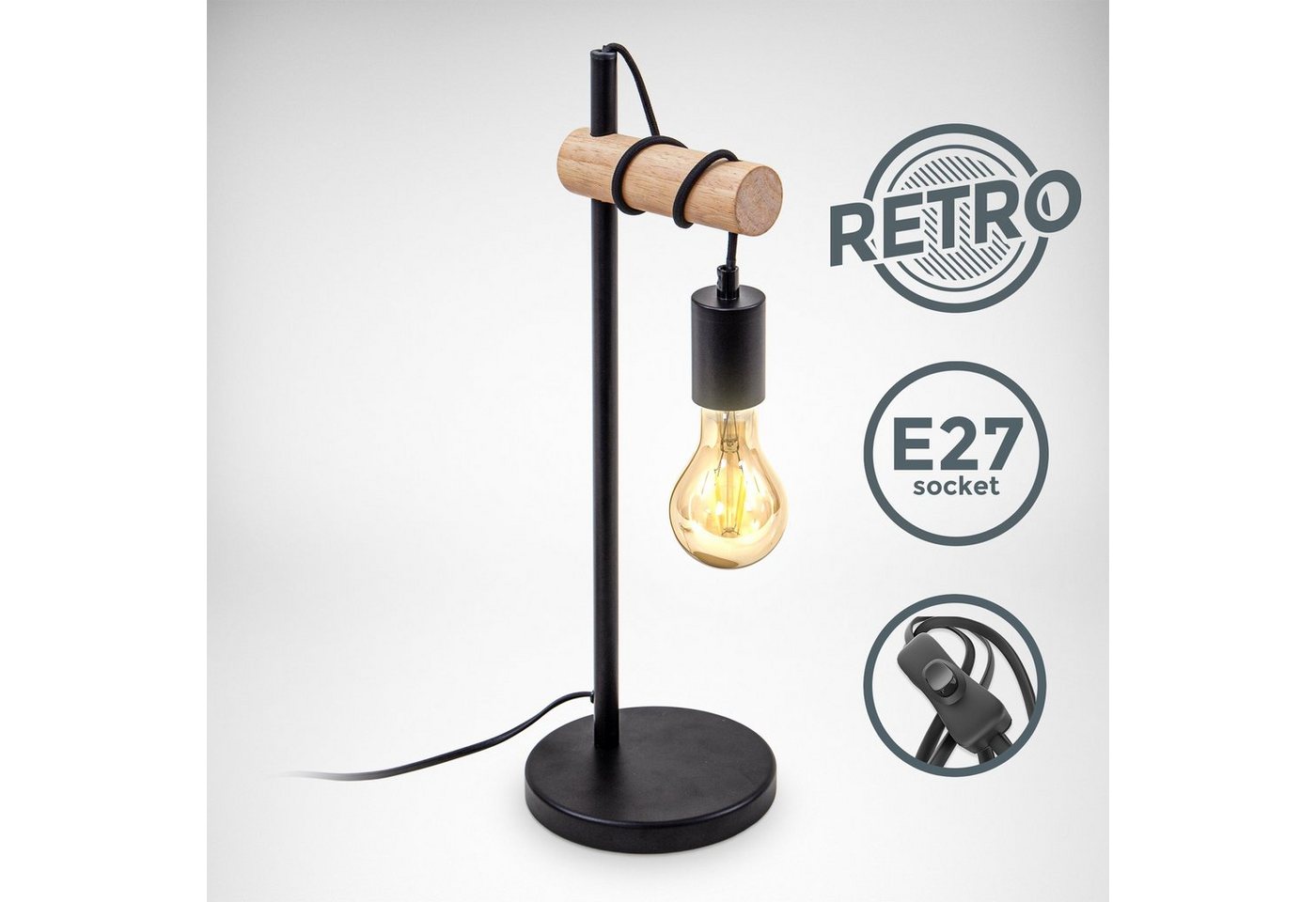 B.K.Licht Tischleuchte, Tischlampe 1 flammige Vintage Industrial Design Retro Lampe Stahl Holz Rund E27 ohne Leuchtmittel-kaufen