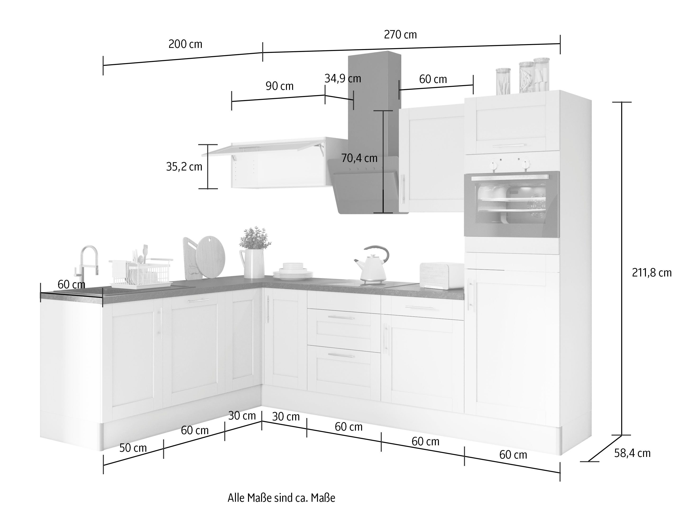 KOCHSTATION Küche KS-Ahus, 200 x 270 cm breit, wahlweise mit E-Geräten, Soft Close Funktion