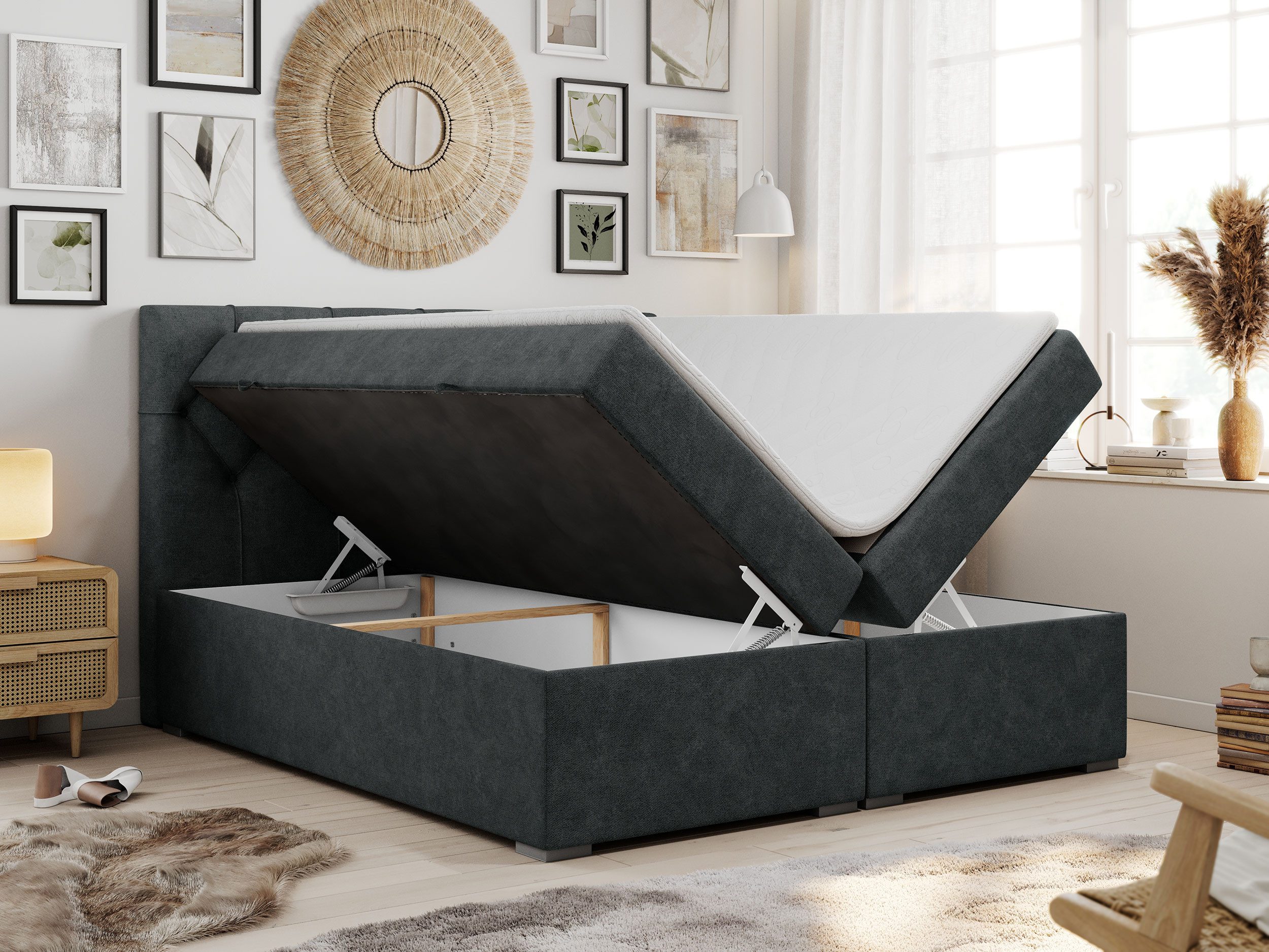MKS MÖBEL Boxspringbett ALDA (Set, Packung, T30-Schaum, zwei Bettkästen, gepolsterte Kopfstütze), Doppelbett, Multipocket-Matratzen, Modern Bett