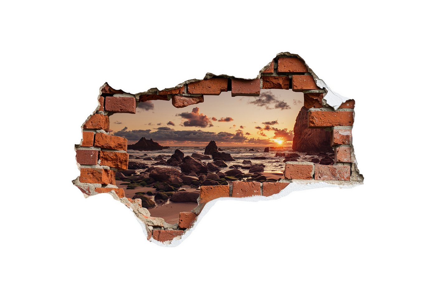 Tulup Wandtattoo Selbstklebender 3D-Wandsticker Loch in der Wand, Braun 3D-Wandsticker, Küste der Träume, Sonnenuntergang durch die Ziegelsteine