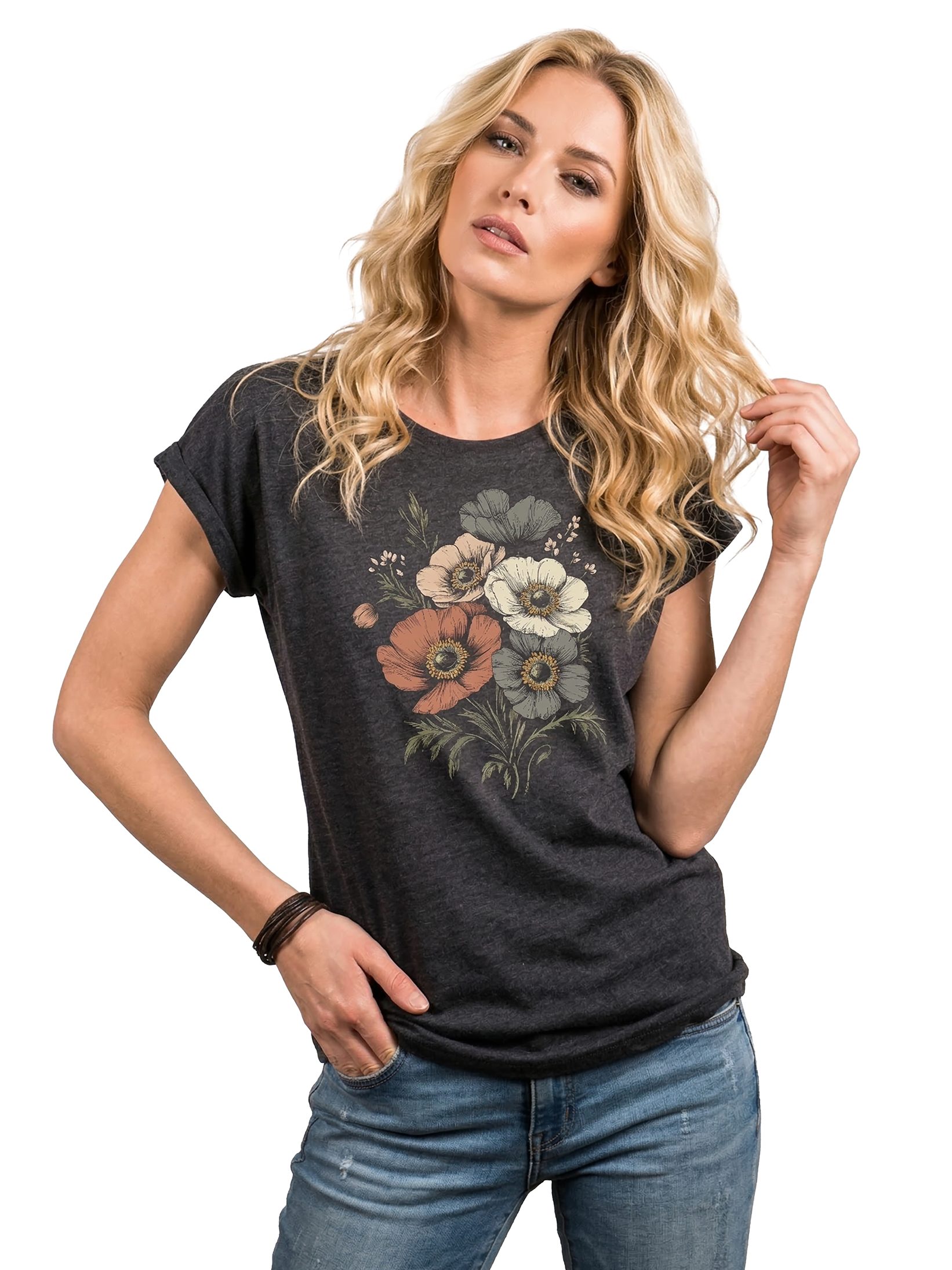MAKAYA T-Shirt Damen Sommer Top mit Vintage Blumenprint im Retro Boho Style (Schwarz, Blau, Dunkelgrau, 34, 36, 38, 40, 42, 44, 46, 48, 50) Baumwolle