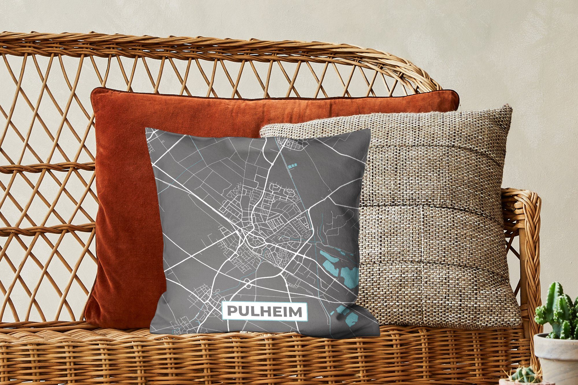 Dekokissen Deko, Sofakissen - mit - Karte Blau Karte, Stadtplan - MuchoWow - Deutschland Wohzimmer, Pulheim Füllung Zierkissen für Schlafzimmer, -