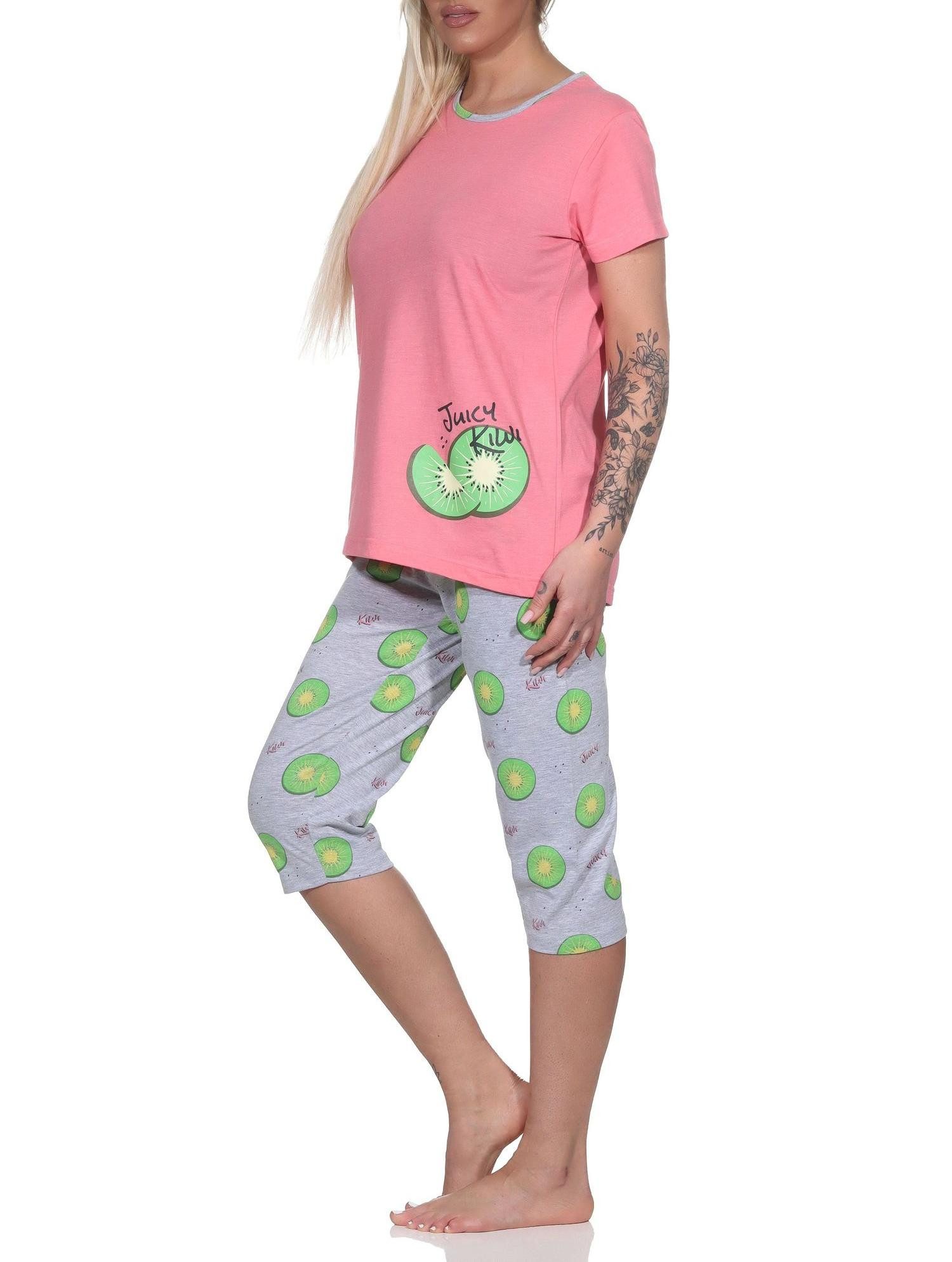 Normann Pyjama Normann Damen kurzarm Schlafanzug mit Capri Pyjamahose in Kiwi Motiv – Bild 2 von 4
