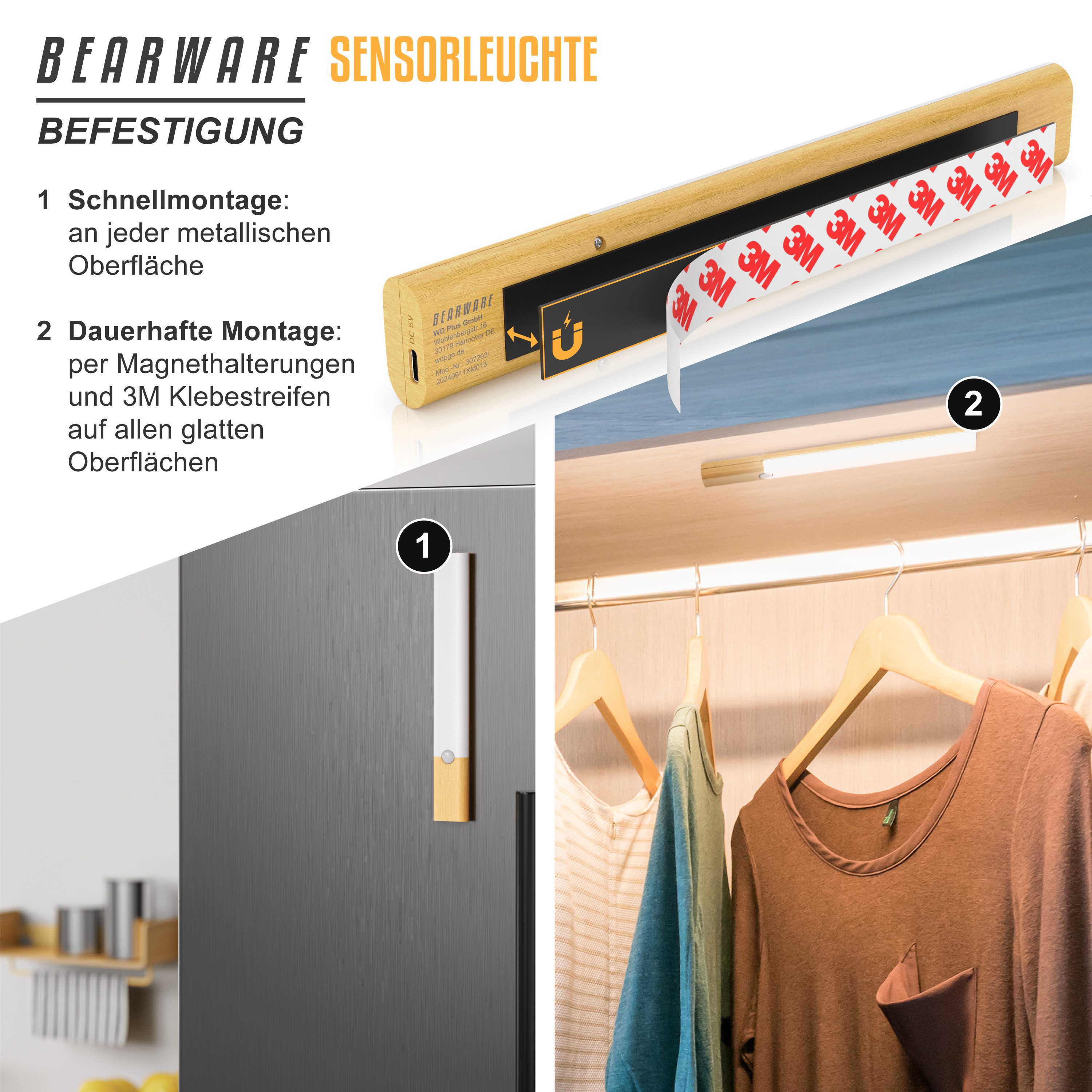 BEARWARE Unterschrankleuchte Schranklicht mit Bewegungsmelder, Akku, 3 Farbtemperaturen, dimmbar, stufenlos dimmbar; Memory-Funktion; 3 Lichtfarben, LED fest integriert, warmweiß, neutralweiß, kaltweiß, 1000 mAh, USB-C, Magnetbefestigung, PIR 120°, 4 m, 20 s Timer, 25,5 cm