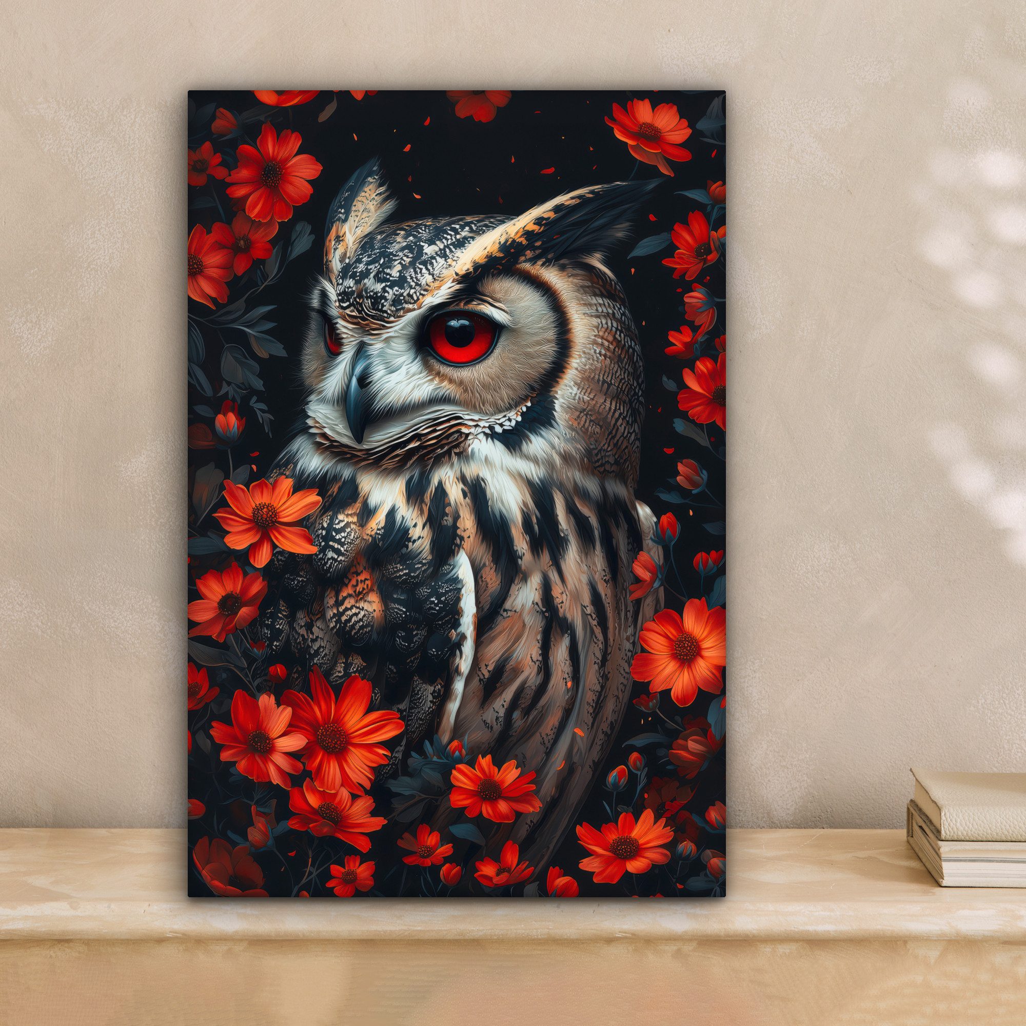 OneMillionCanvasses® Leinwandbild Eule - Waldtiere - Rote Blumen - Natur, F günstig online kaufen