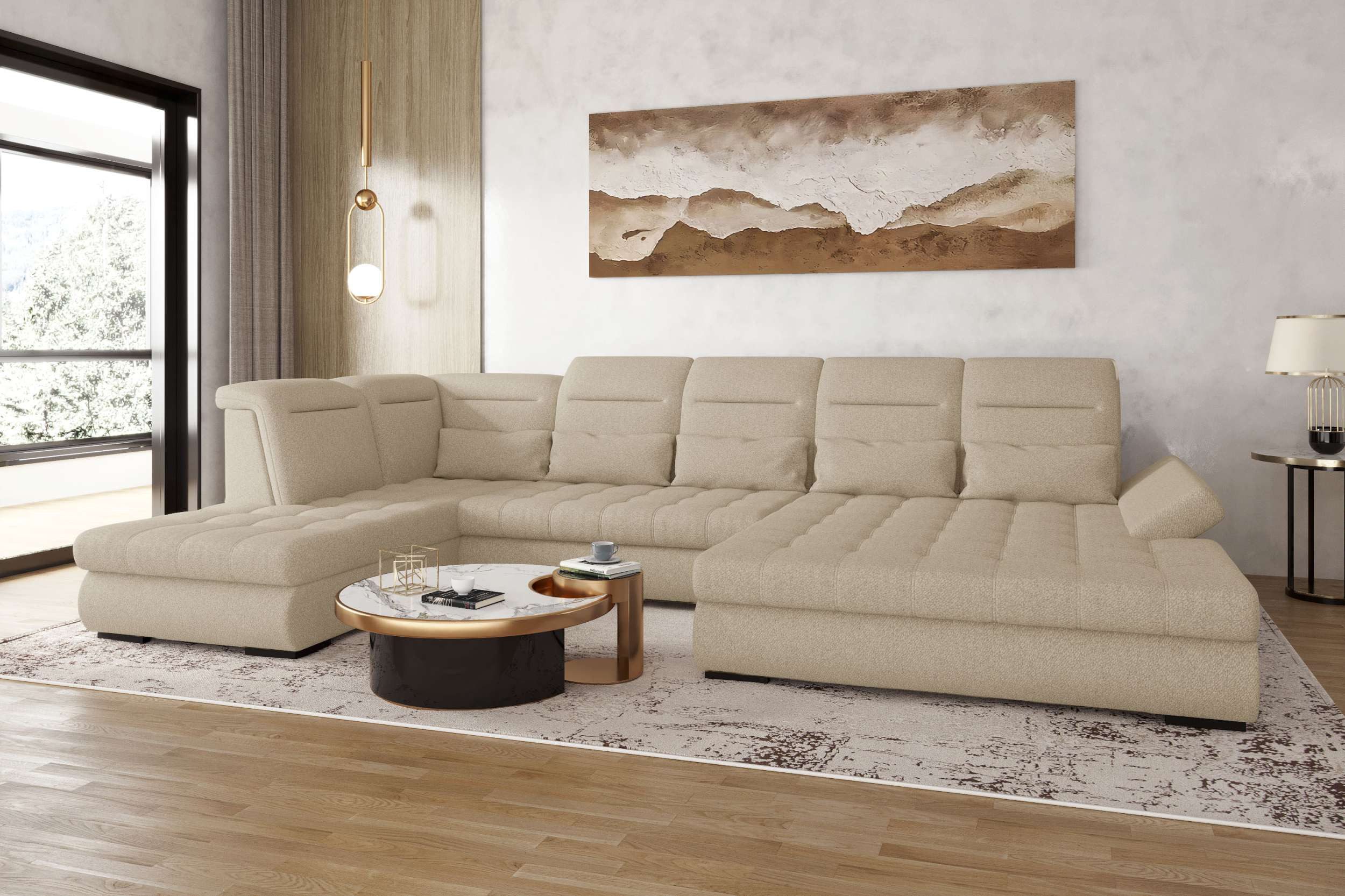 99rooms Wohnlandschaft Toscana, Sofa, U-Form, Bettfunktion, Rundumbezug aus gepolstertem Velours VOGUE