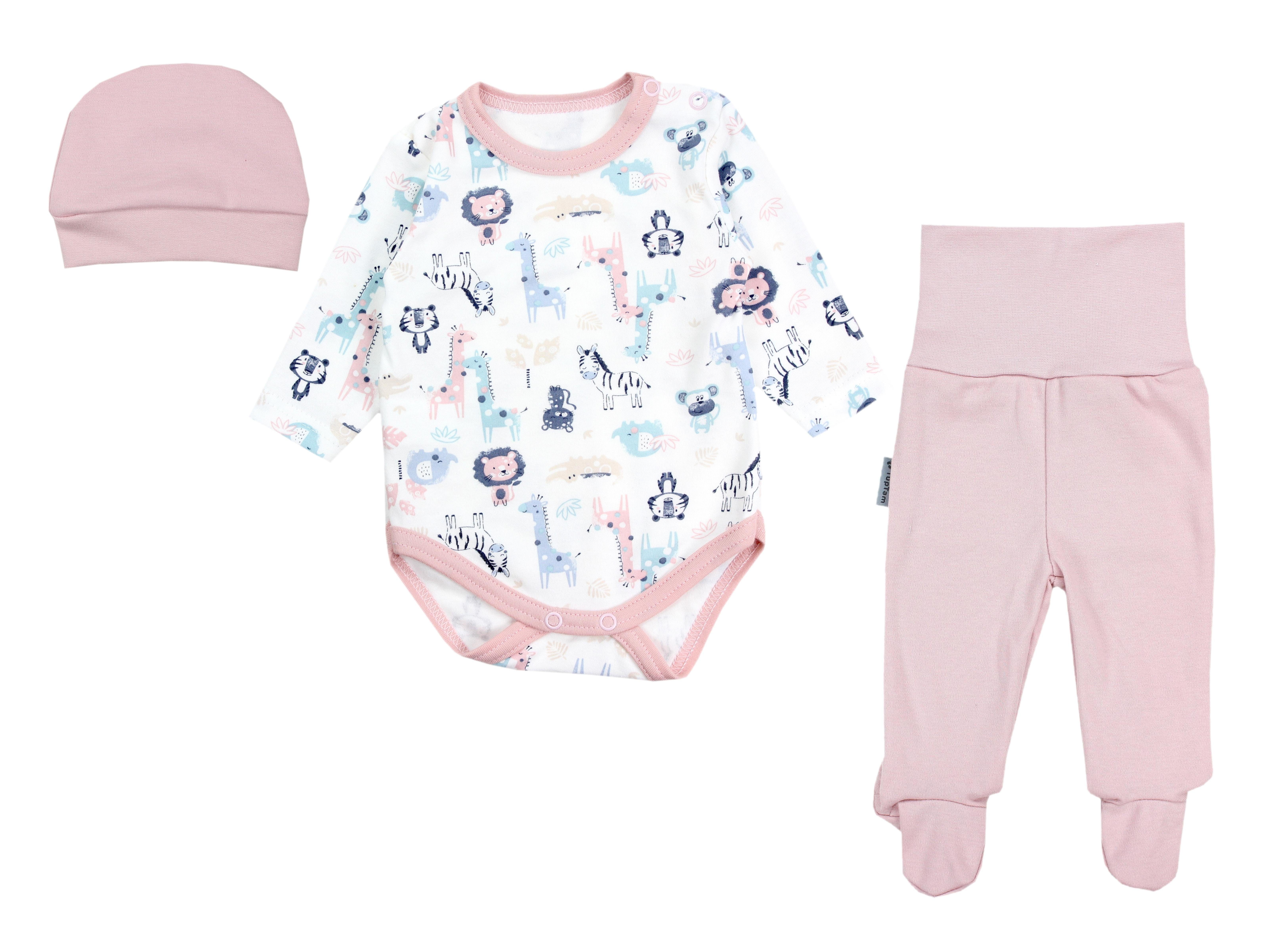 TupTam Mütze Baby Hose Langarmbody Bekleidungsset mit Rosa Mädchen Safari Erstausstattungspaket Spruch Jungen