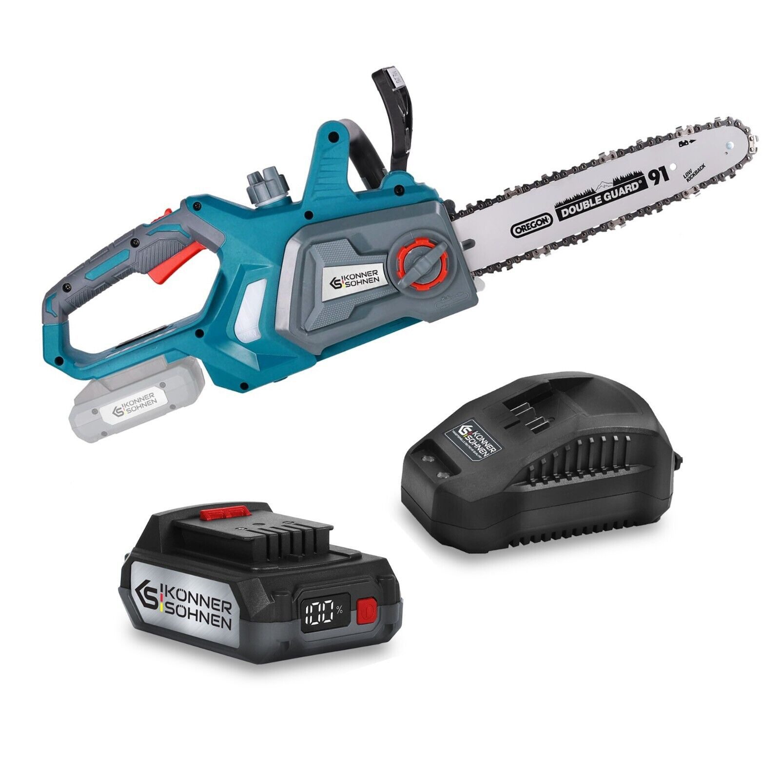 Könner & Söhnen Akku-Kettensäge KS CS20V-12 + KS C24A + KS 20V2-1, 1-tlg.
