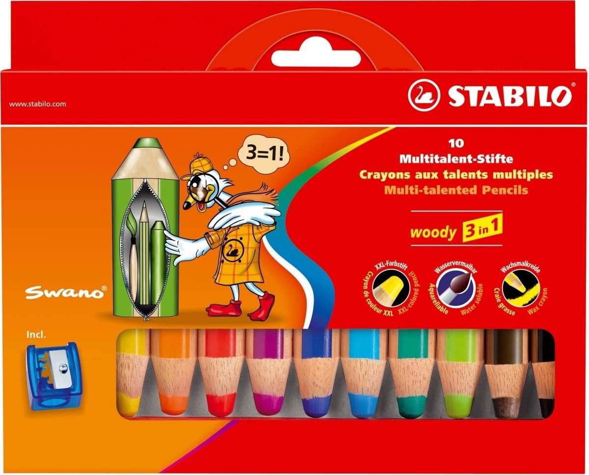 STABILO Buntstift Holzfarbstift woody 3 in 1 Kartonetui mit 10 Stiften und 1 Spitzer