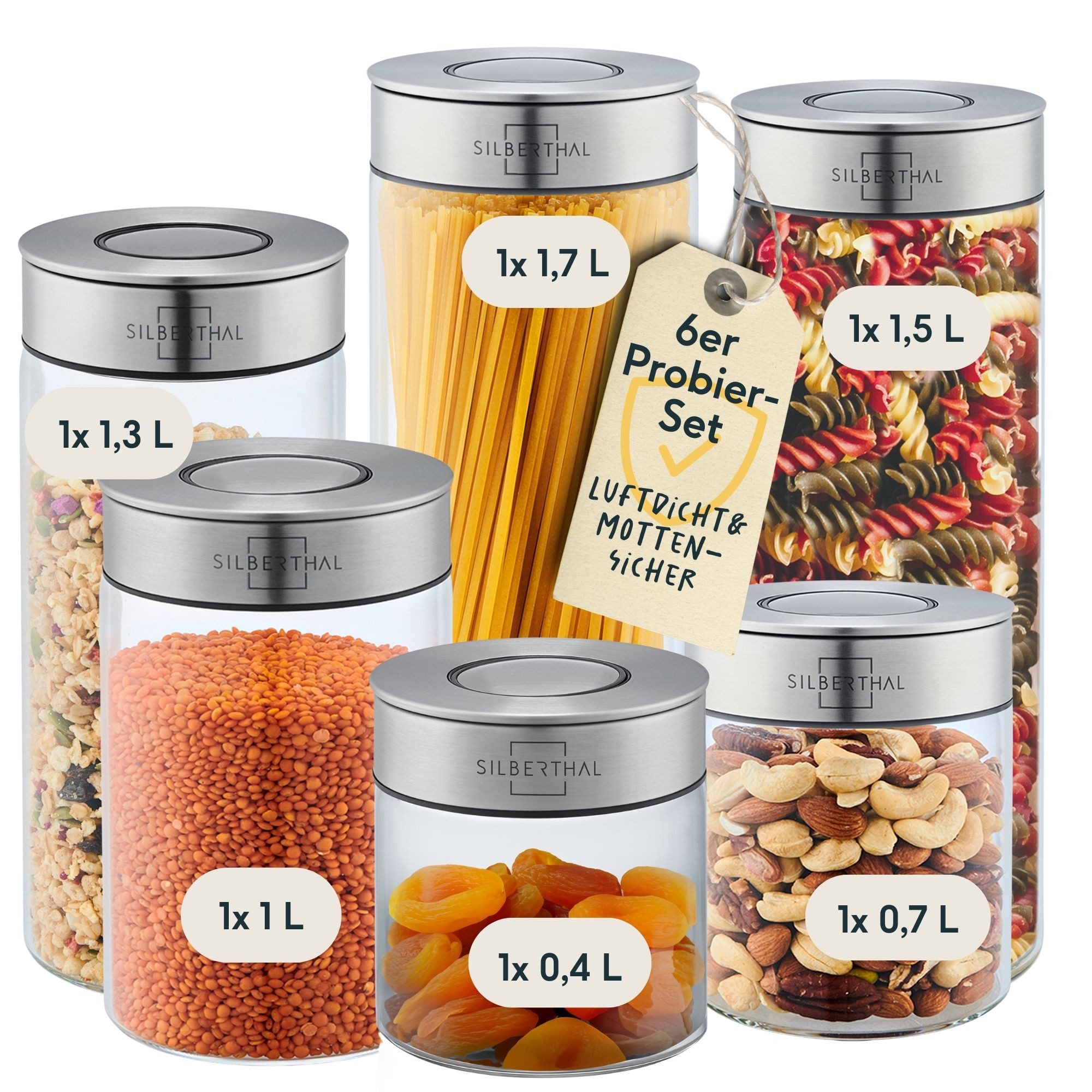 SILBERTHAL Vorratsglas 6er Set, Vorratsdosen mit Deckel, Glas, Edelstahl, (6-tlg), Luftdicht & Mottensicher