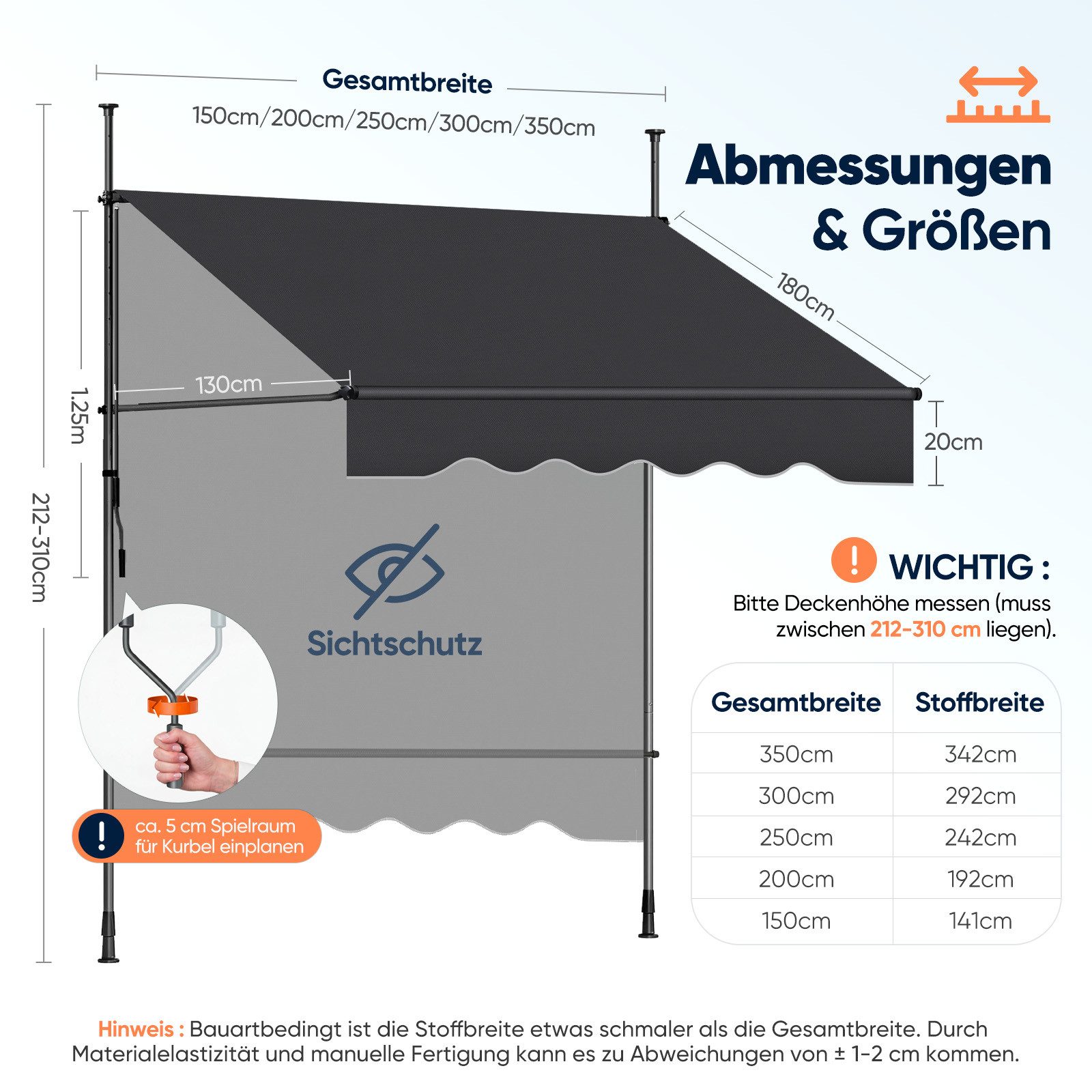 Sekey Klemmmarkise Markise für balkon mit Kurbel Sonnenschutz ohne Bohren UV-beständig B x H: 150 x 212-310 cm, Dunkelgrau