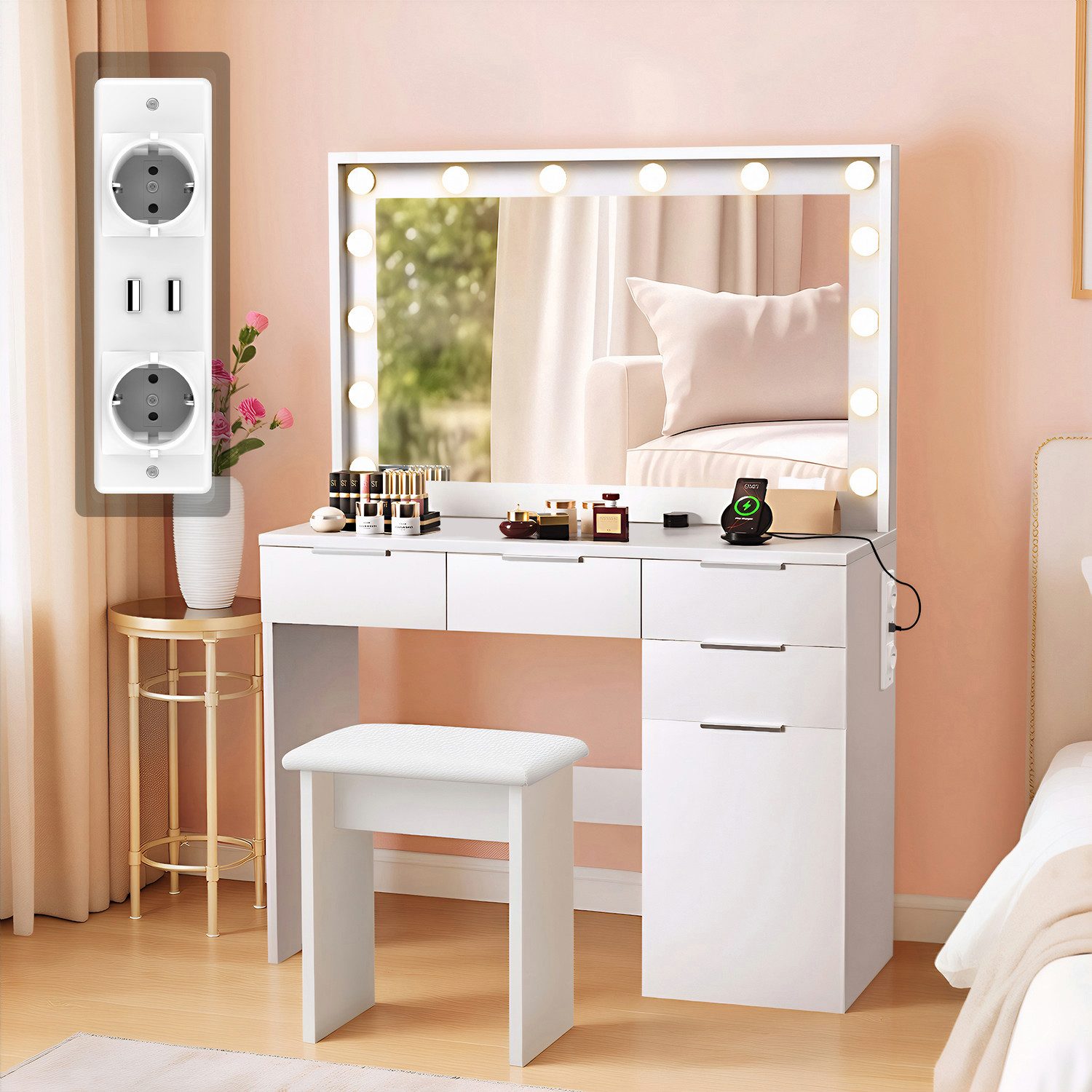 oyajia Schminktisch Schminktisch-Set mit Stuhl,Kosmetikschrank,mit USB-Anschluss (Schminkspiegel, LED-Beleuchtung, Touch-Dimmen), Verstellbare dreifarbige,Führungsschiene aus Holz,Kosmetikspiegel