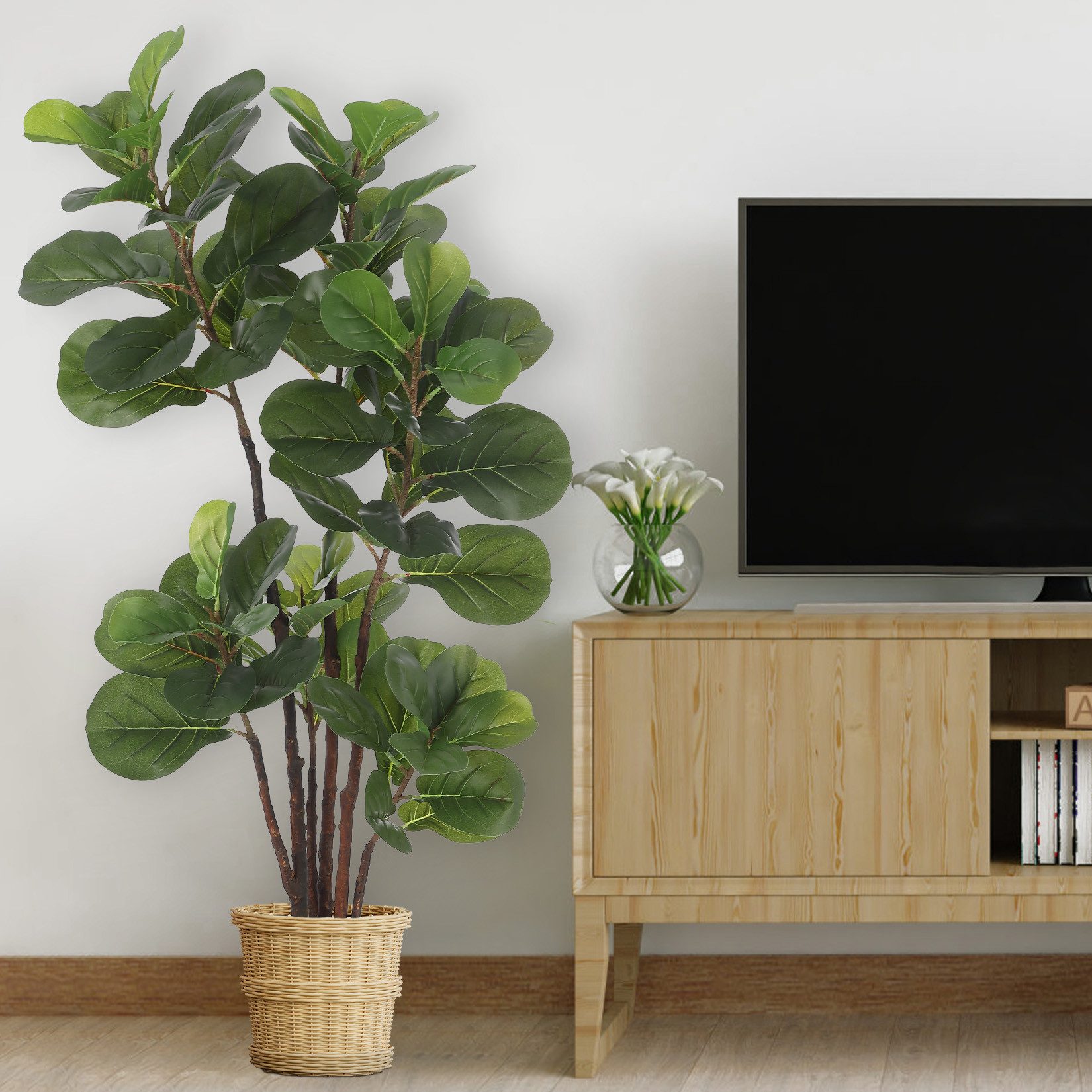GarveeMore Kübelpflanzen Künstliche Fidel Blatt Feigenbaum, Faux Ficus Lyrata Baum mit Blättern