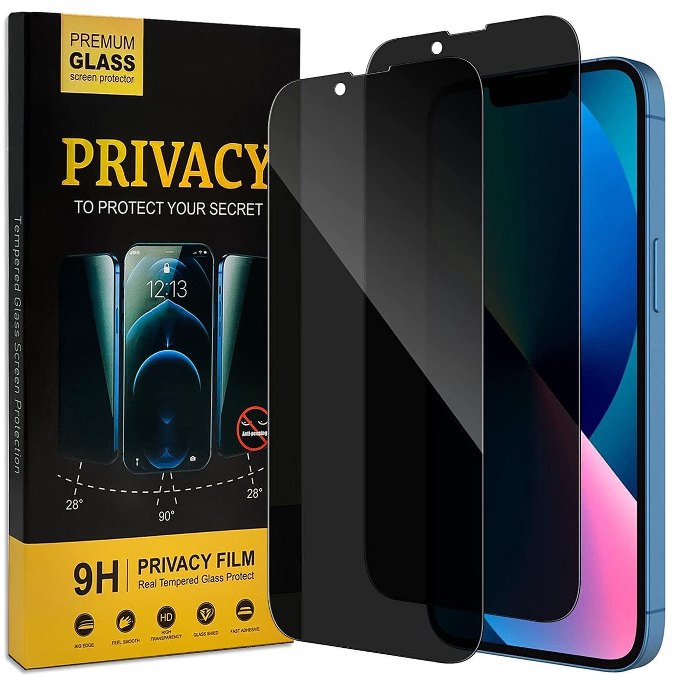 CoolGadget Schutzfolie Sichtschutz Panzerfolie für iPhone 13, (Spar-Set 2in1, Fullscreen), Privacy Fullscreen Glas 2x Anti-Spy Schutzfolie für iPhone 13 Folie