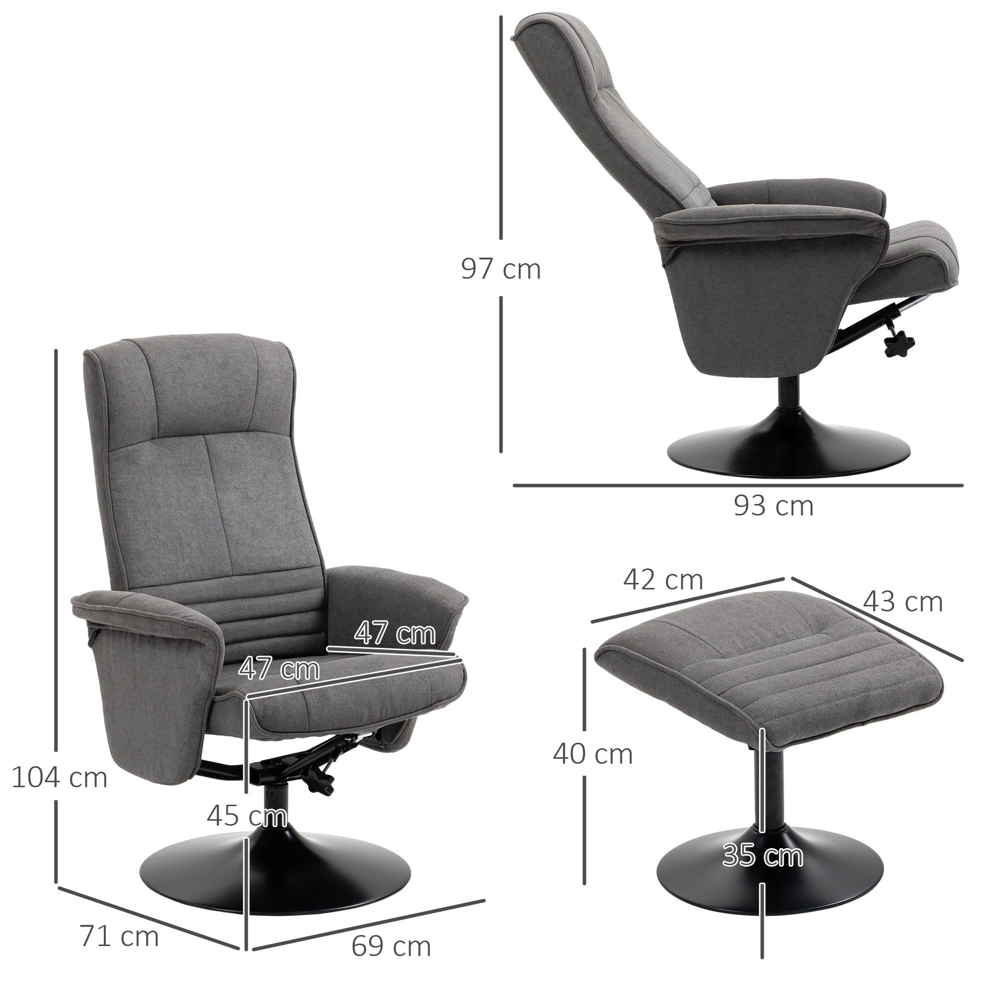HOMCOM Relaxsessel Hocker, 360°drehbarer, mit Liegefunktion, Gepolstert (Liegesessel, 2-St., Fernsehsessel), für Wohnzimmer, Schlafzimmer, Samt, Dunkelgrau