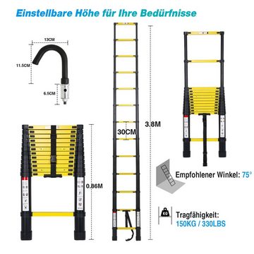 Randaco Teleskopleiter Teleskopleiter Alu 3.8m Ausziehleiter mit haken Anlegeleiter