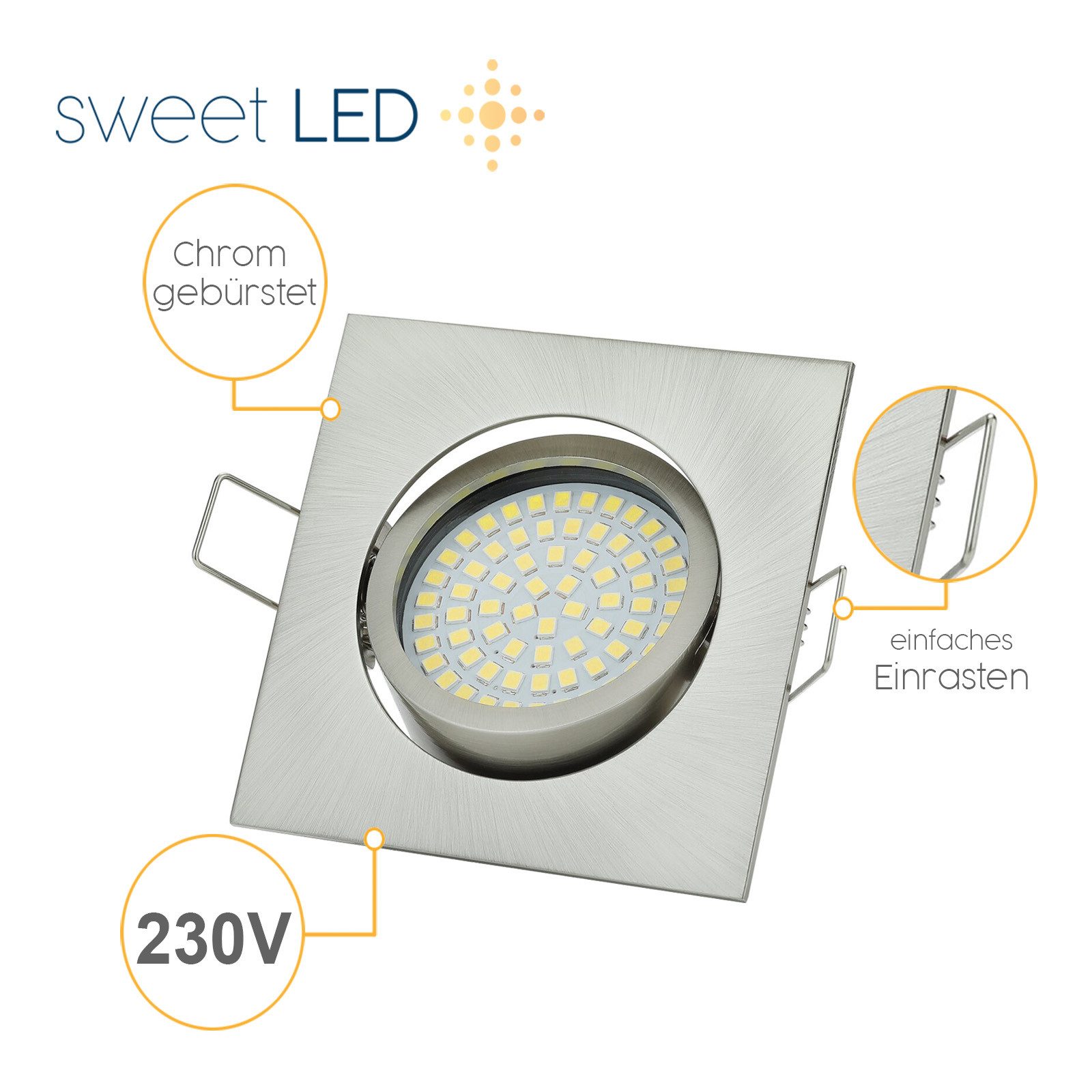 Sweet LED LED Einbaustrahler Flach 3,5W 230V Chrom Schwenkbar Einbauleuchte 3000K Deckenspots Ø75, 3000K, Warmweiß, Deckenspots, 82x82 mm, Einbauleuchte
