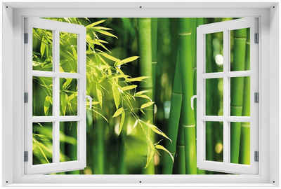 Wallario Sichtschutzzaunmatten Bambuswald mit grünen Bambuspflanzen, mit Fenster-Illusion
