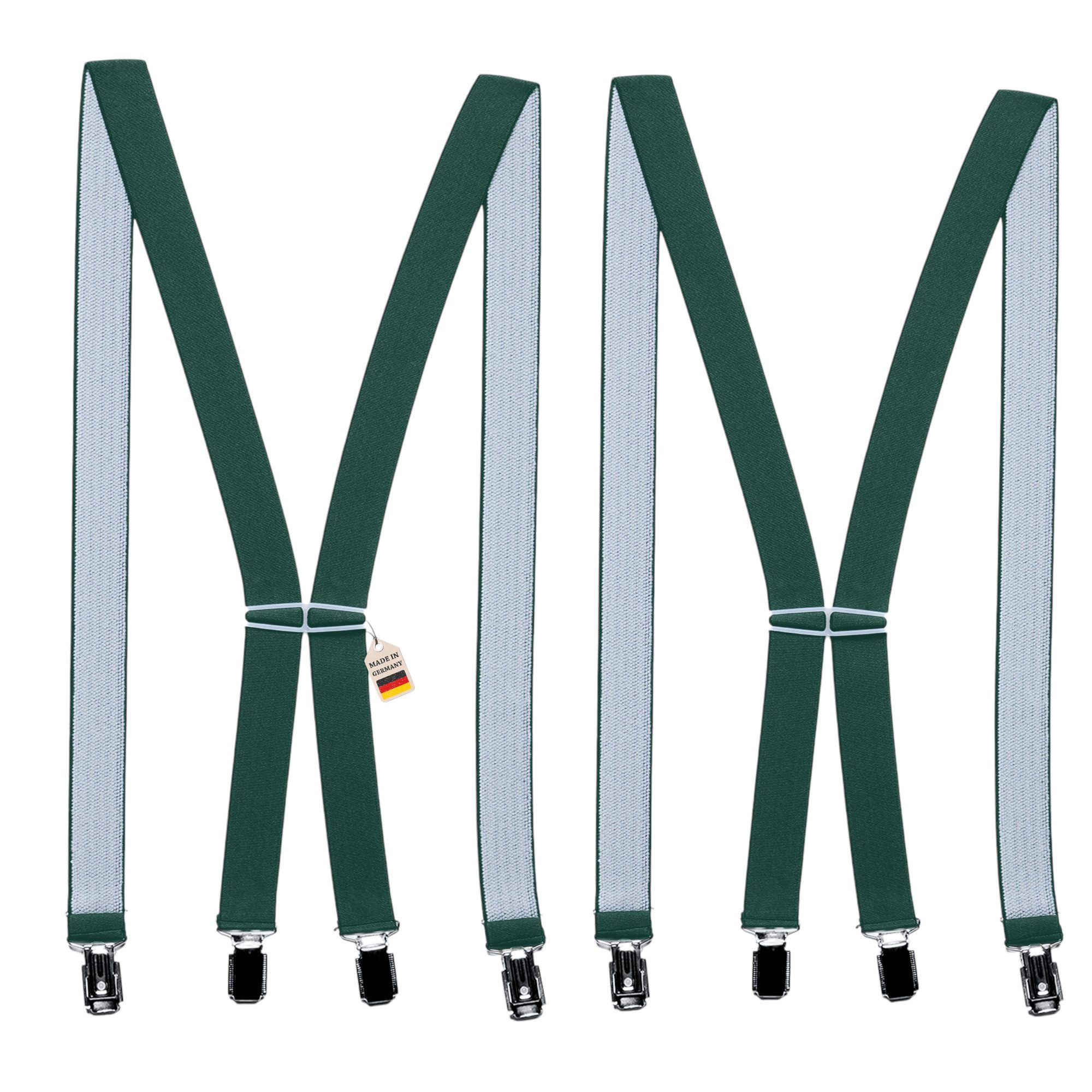ZUKUNFTSENKEL Hosenträger 2er Pack Dunkelgrün schmal 2,5cm breite, 4 starke Clips (X-Form Für Damen und Herren) Deutsche Herstellung, Elastisch