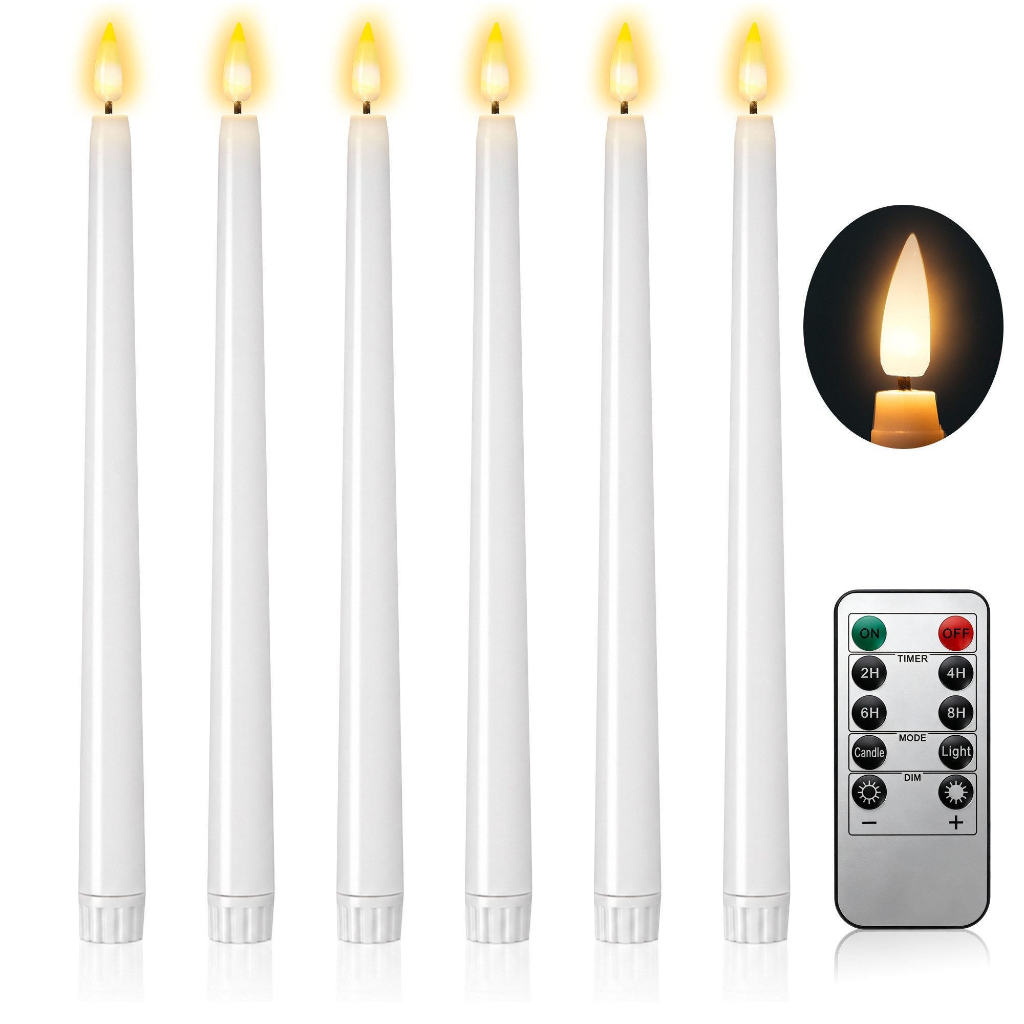 skelo LED-Kerze LED Stabkerzen mit Timerfunktion, 6/12er Set mit Fernbedienung, flackernde 3D-Flamme, LED fest integriert, Warmes Licht, Echtwachskerzen, elektrische Kerzen, 2 × 27,5 cm, für Weihnachtsdeko