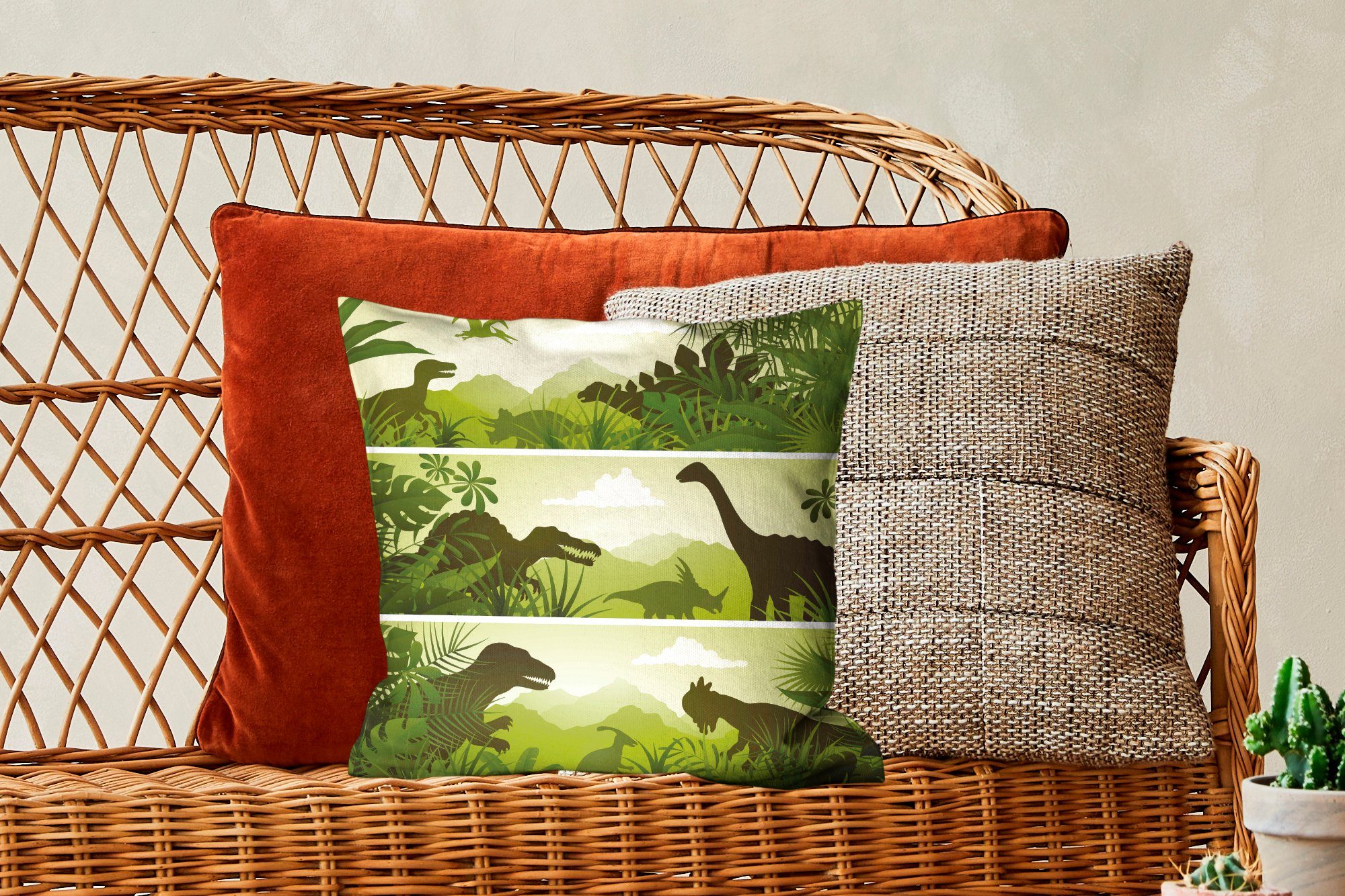 MuchoWow Dekokissen Wohzimmer, - für Zierkissen Füllung Illustration mit - - Kind, Dschungel Dinosaurier - Schlafzimmer, Sofakissen Kinder Deko