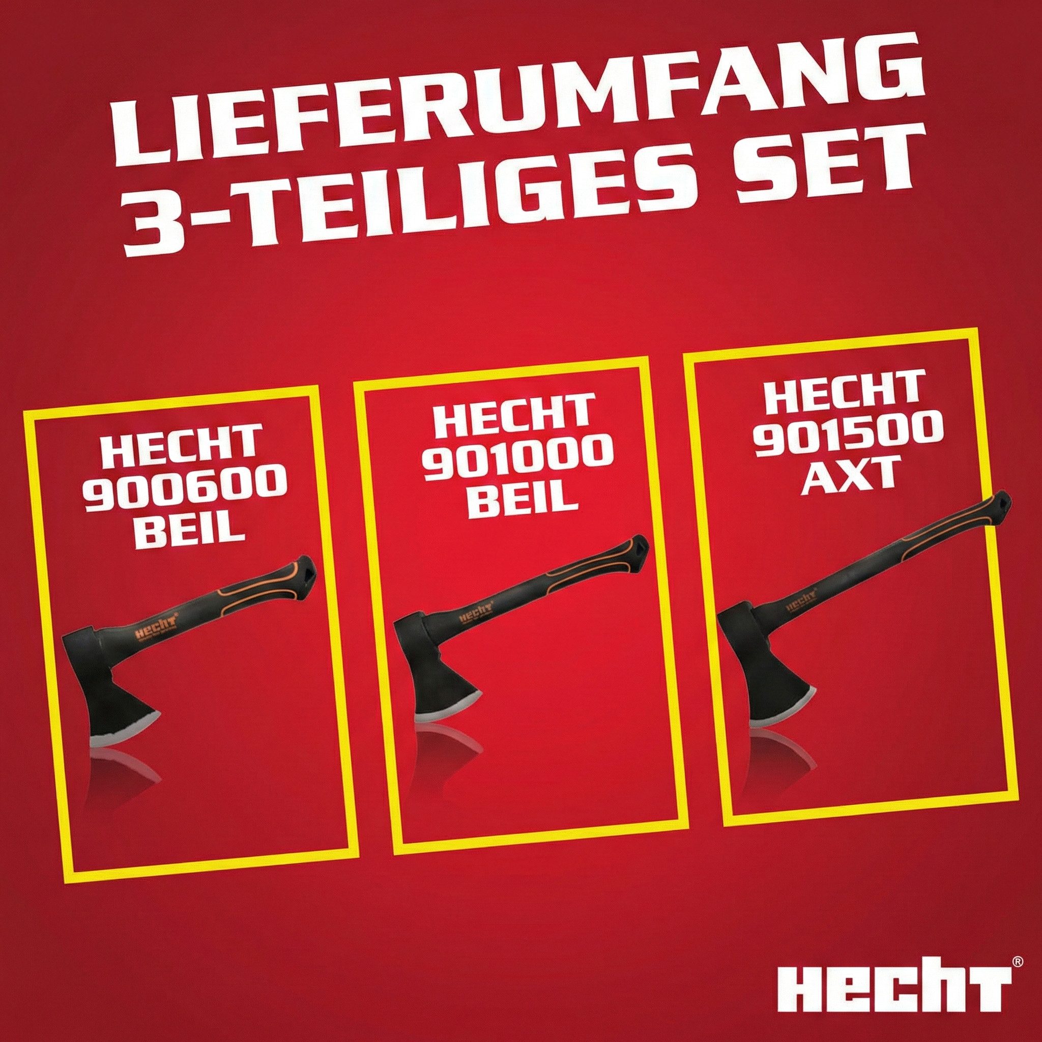 Hecht Axt 30cm Beil 55cm Axt 85cm Spaltaxt Set, (3-St), Fiberglaskern, mit Gummischutzlippe