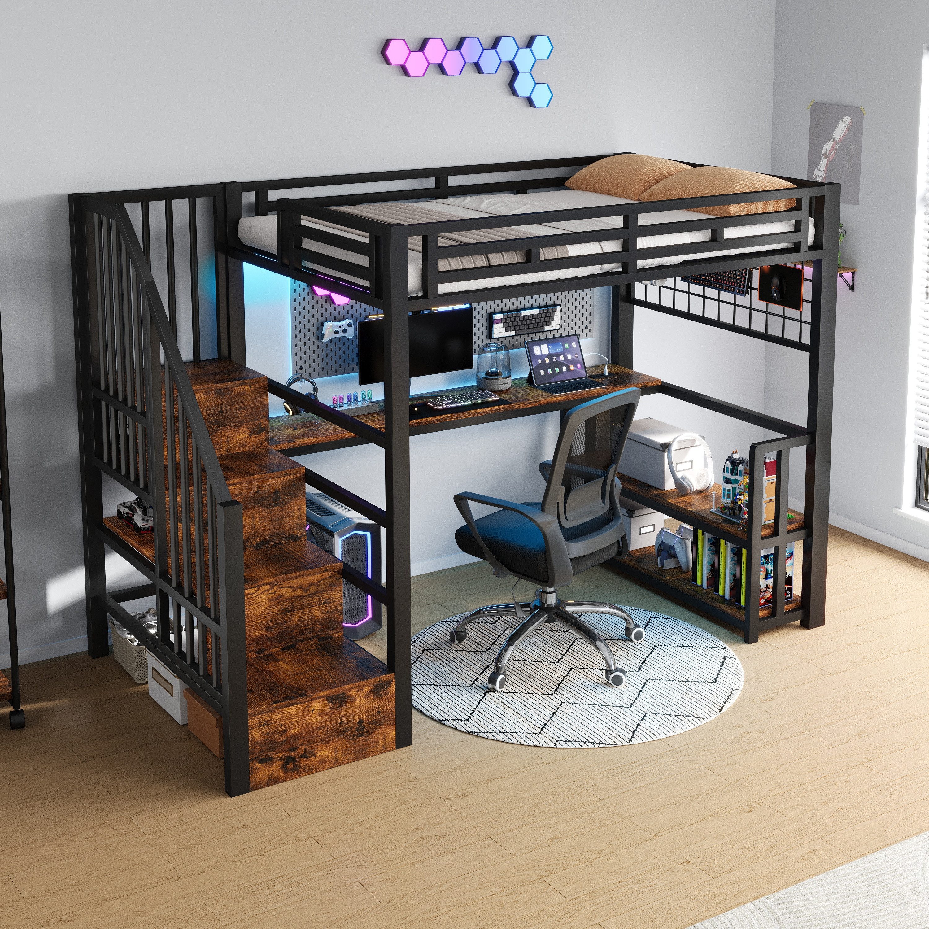 REDOM Hochbett mit Eisenrahmen, LED-Lichtleiste und Schreibtisch (Lagerregal mit Stauraum, Hängendes Gitter, 2 USB-Anschlüsse, Typ-C-Buchse, Jugendbett Metallbett, 90x200 cm) ohne Matratze