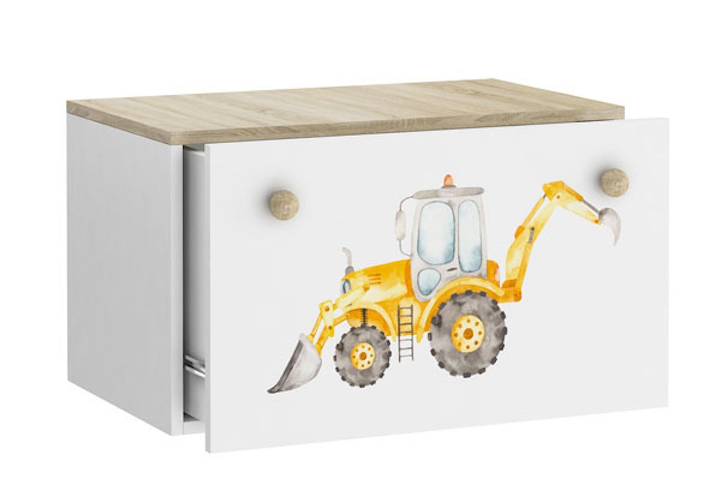 Feldmann-Wohnen Spielzeugtruhe Inga, 70cm weiß sonoma eiche Motiv Bagger