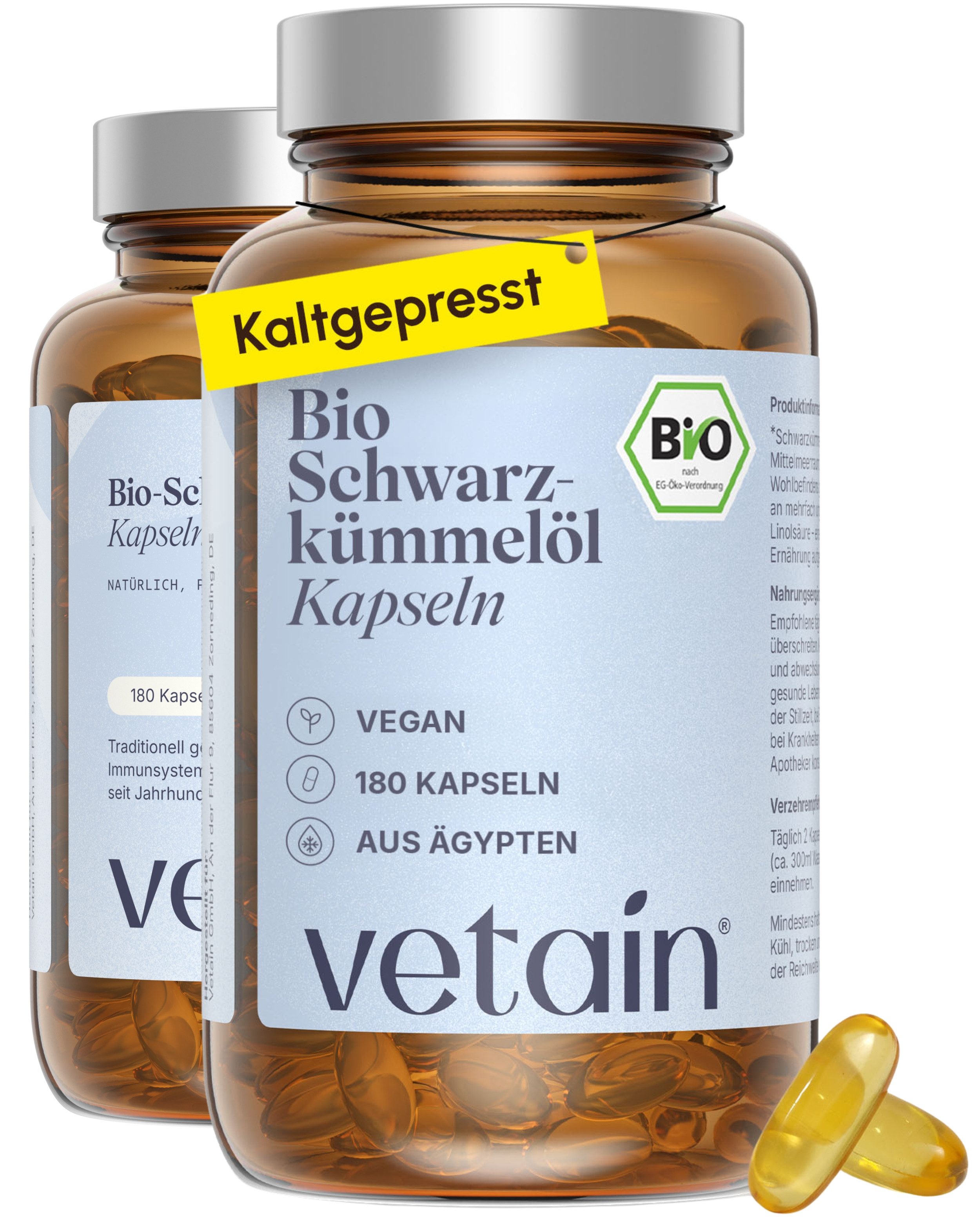 VETAIN Bio Schwarzkümmelöl Kapseln - 1000mg kaltgepresst - Nigella sativa Kapseln, 180 St., Kaltgepresst, rein pflanzlich, allergenfrei & ohne Zusätze