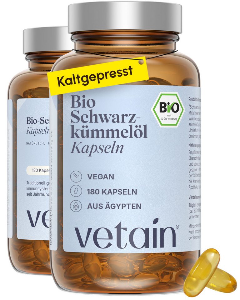 VETAIN Bio Schwarzkümmelöl Kapseln - 1000mg kaltgepresst - Nigella sativa Kapseln, 180 St., Kaltgepresst, rein pflanzlich, allergenfrei & ohne Zusätze