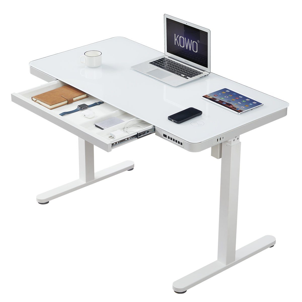 KOWO Schreibtisch Höhenvestellbarer Schreibtisch Elektrisch Tisch Arbeitstisch Bürotisch, 120 x 60 cm Computertisch Höhenverstellbar mit Schubladen, Ladegerät Glas-Weiß