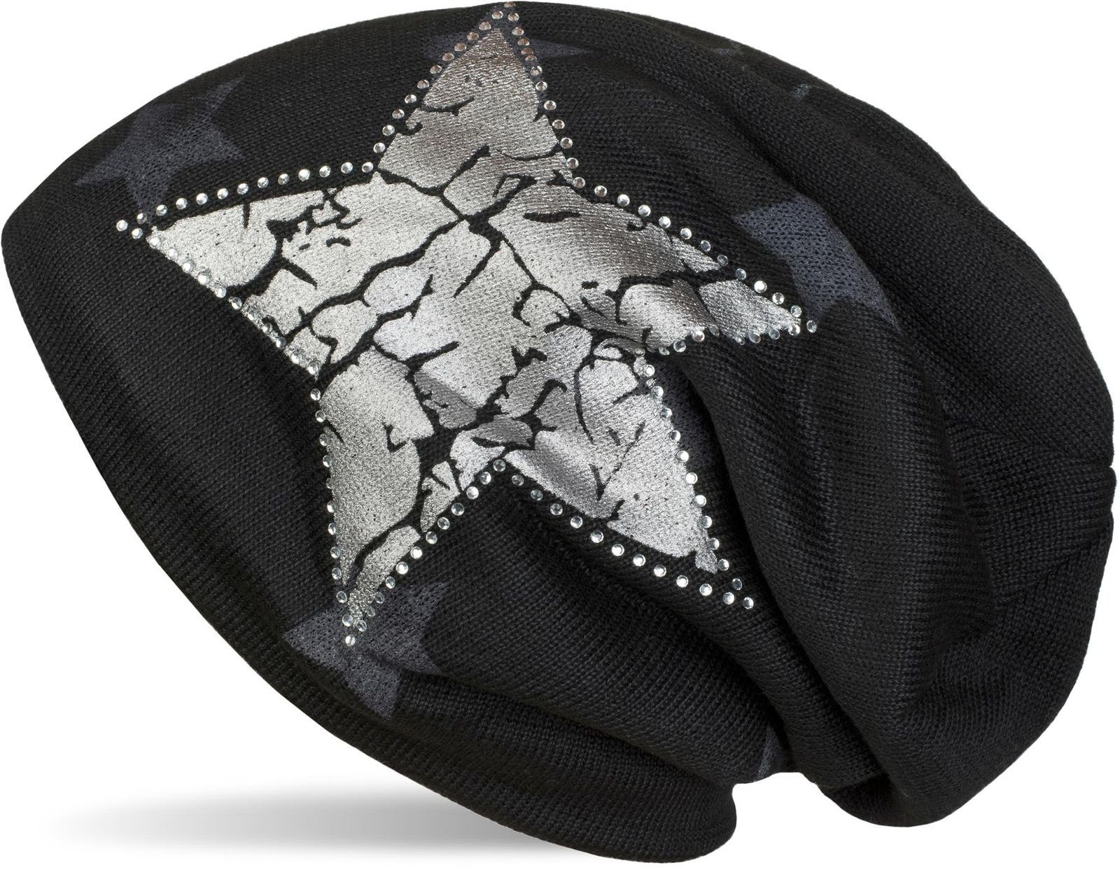 styleBREAKER Strickmütze Feinstrick Beanie mit Sternen und Strass (1-St)