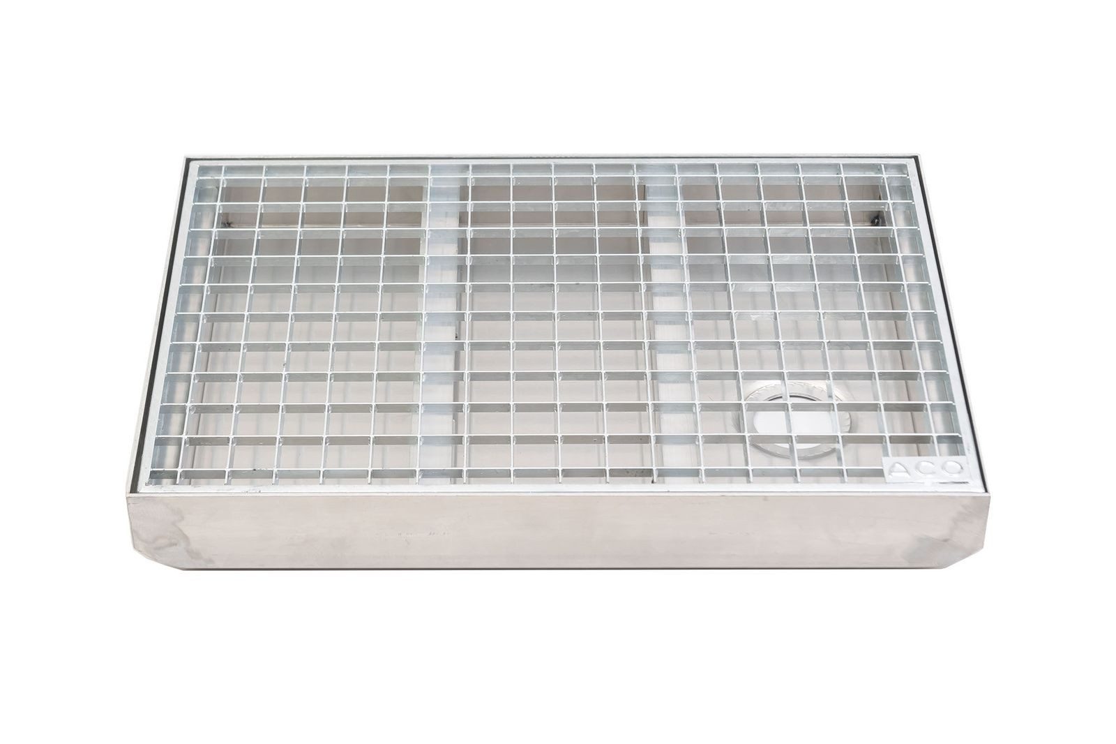 ACO Severin Ahlmann GmbH & Co. KG Fußmatte Schuhabstreifer Gitterrost MW 30/30 + Aluminium Bodenwanne, rechteckig, Höhe: 75 mm, 750x500mm, für den Außenbereich, Ablauf DN50